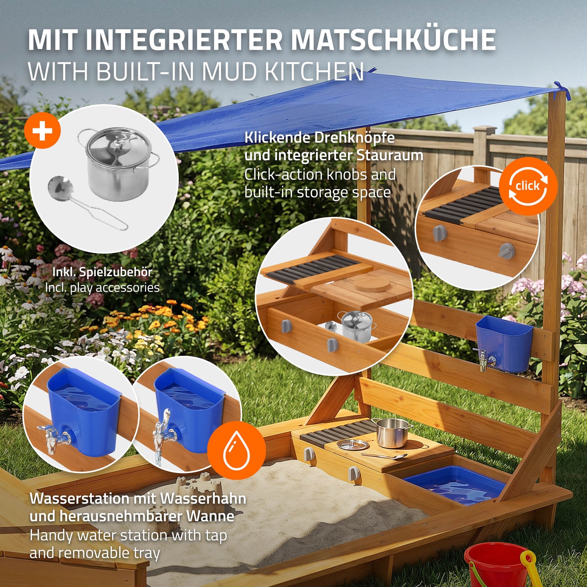 ECD Germany Kinder bac à sable bateau 101x163 bois toit cuisine