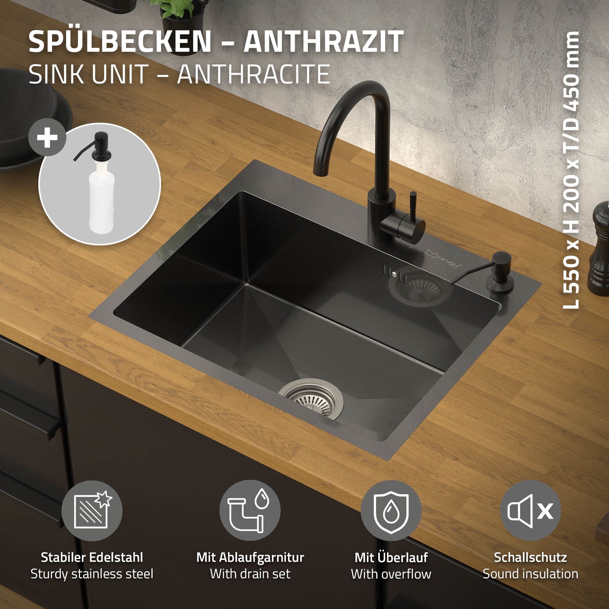 ECD Germany Sanitär évier cuisine inox anthracite 55x45 avec bonde
