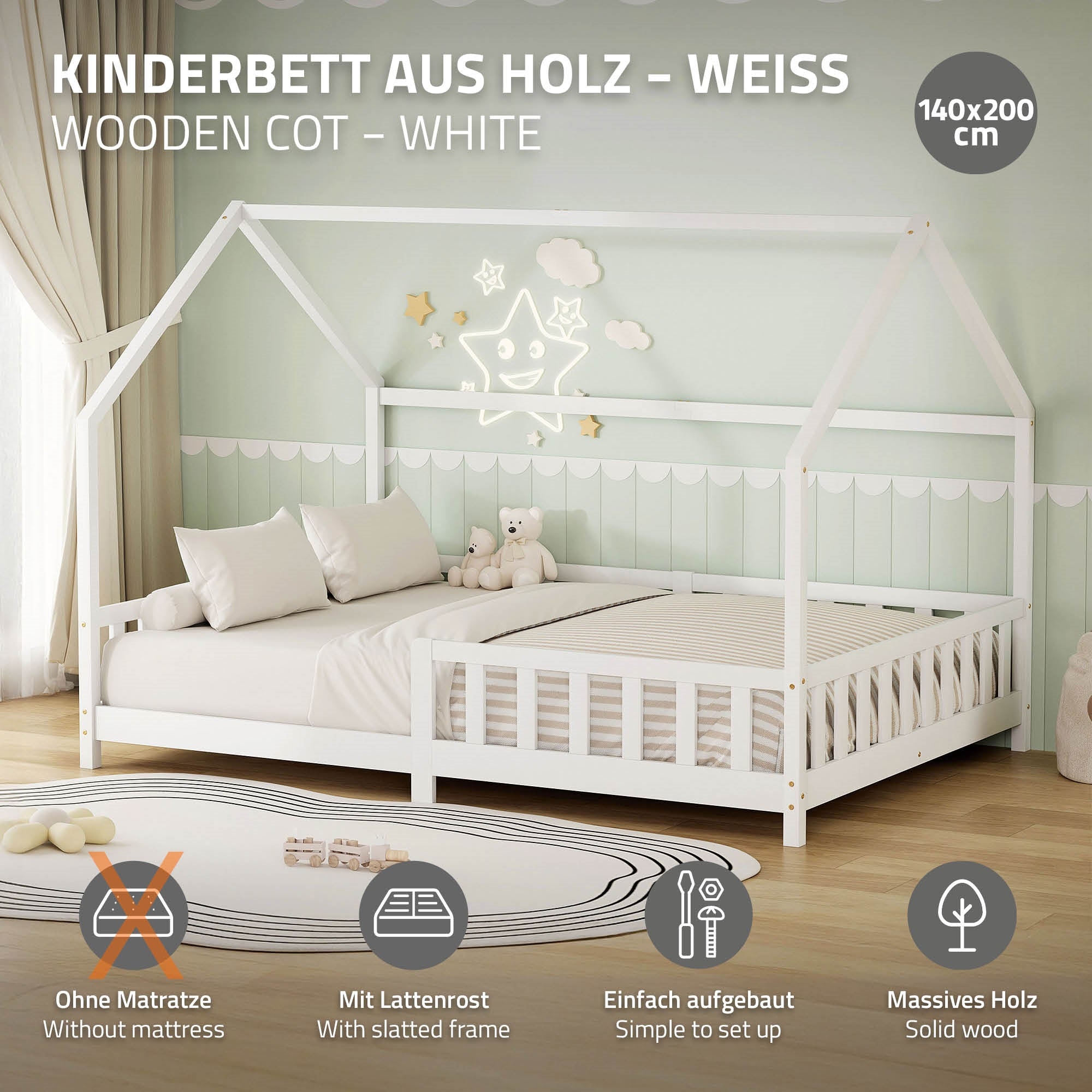 ML-Design lit cabane enfant blanc pin 140x200 cm + sommier