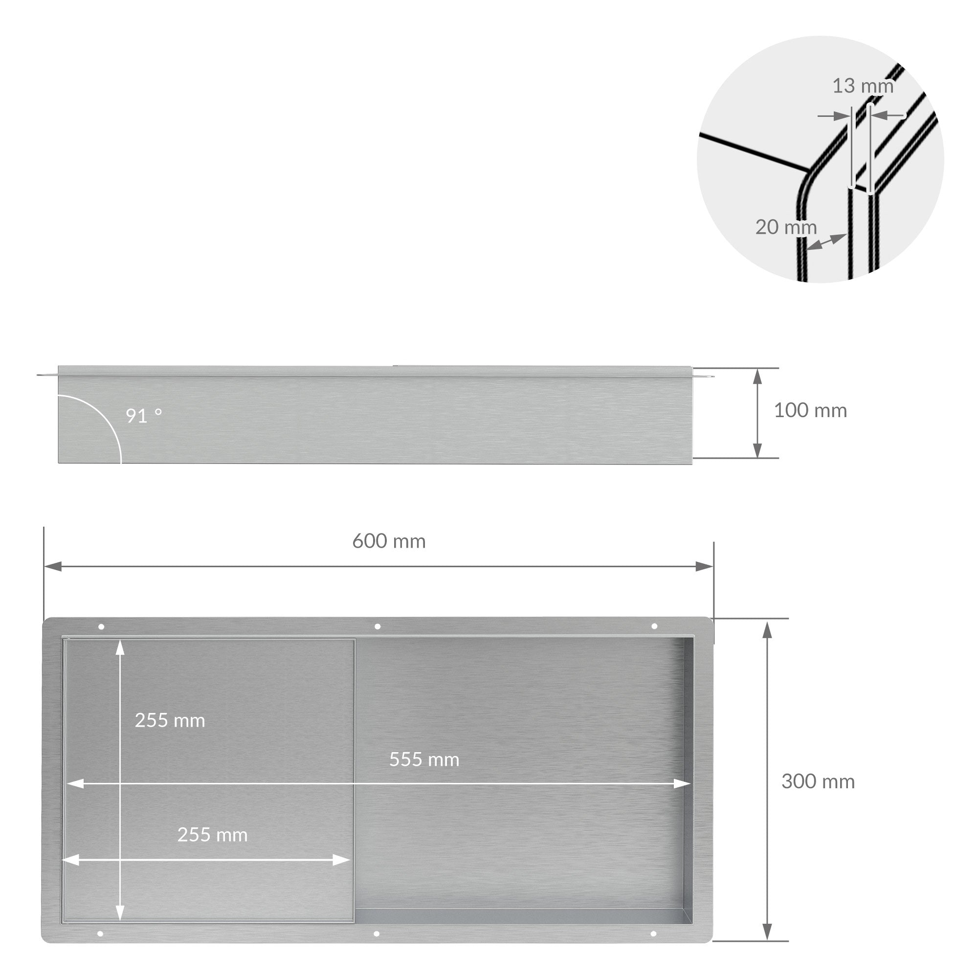 ECD Germany Sanitär niche douche inox 60x30x10 argent porte