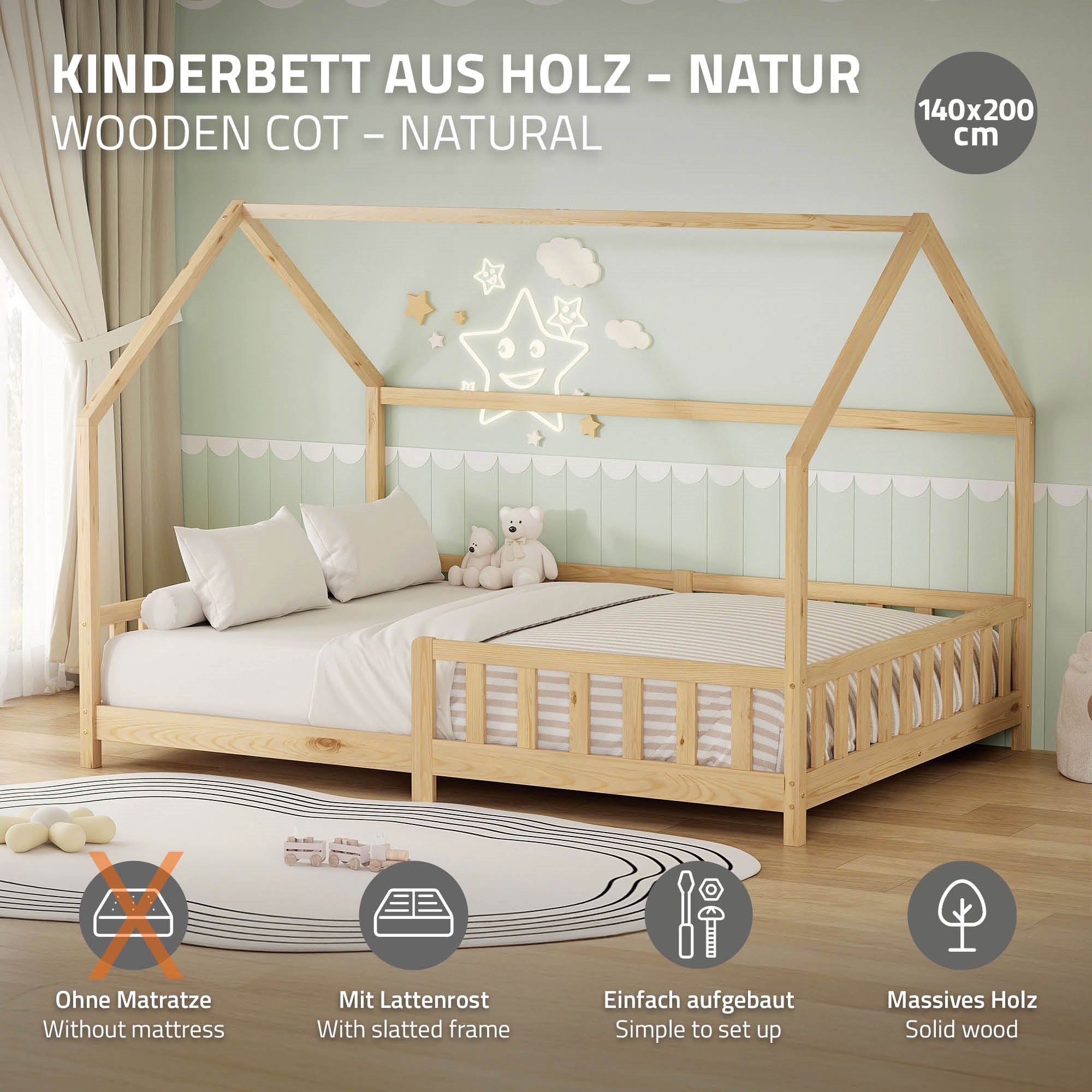 ECD Germany Lit cabane enfant 140x200 pin naturel barrière