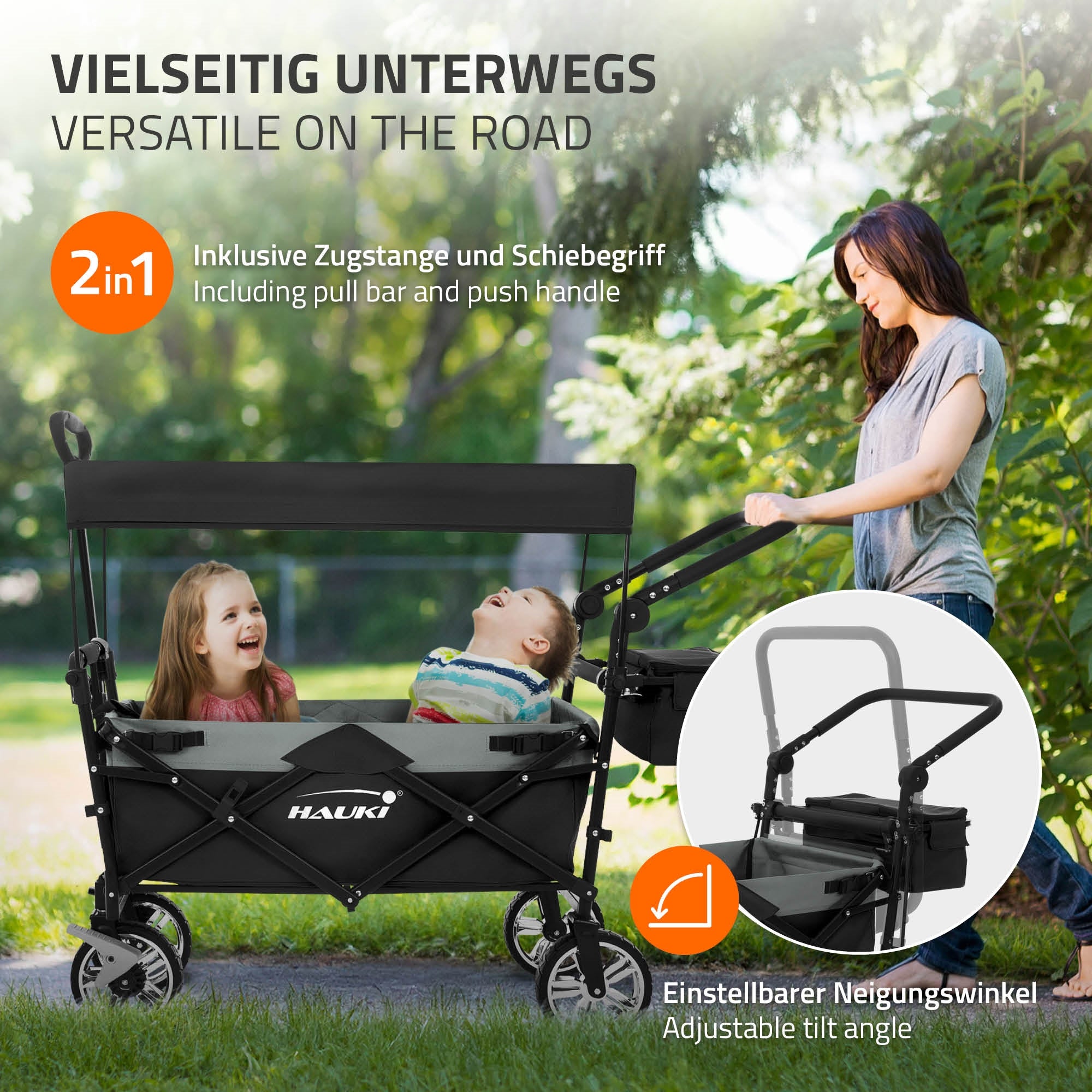 Hauki chariot pliable avec toit noir/gris 120 kg