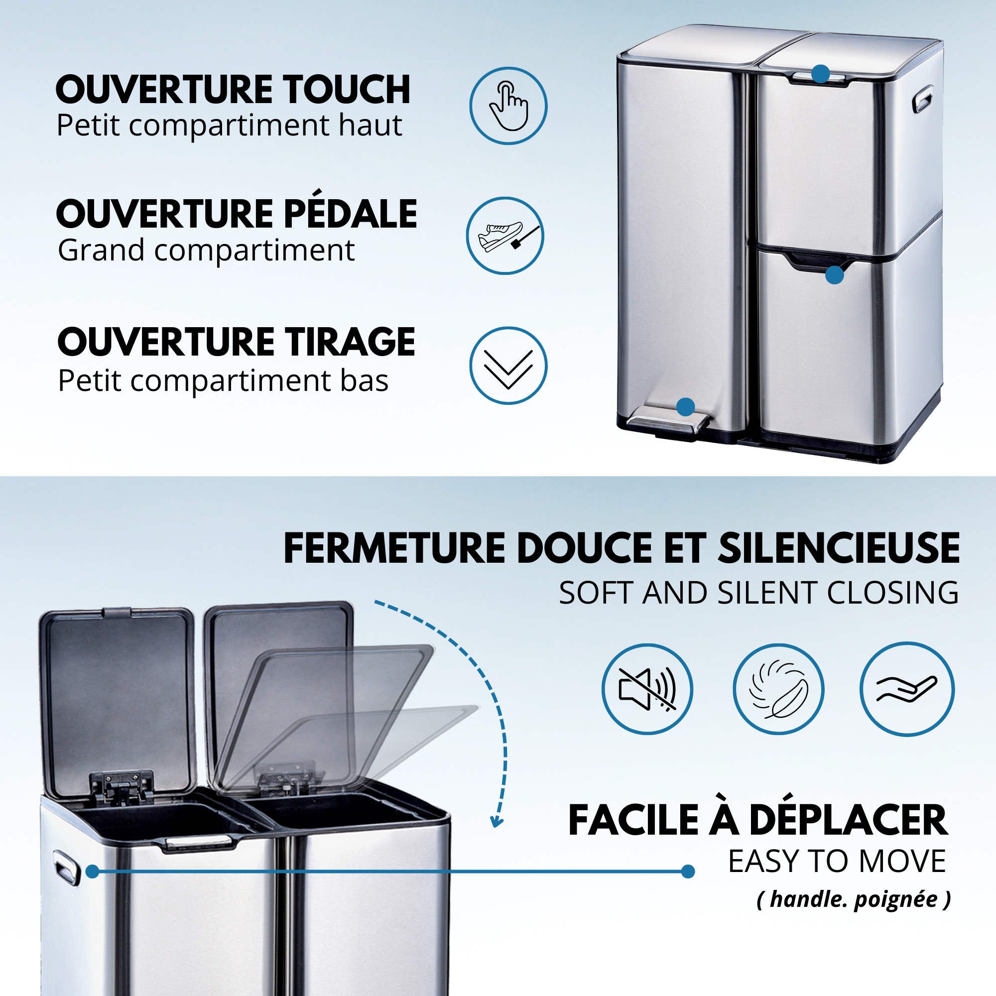 Red Deco Haja 60L poubelle tri 3 bacs inox à pédale