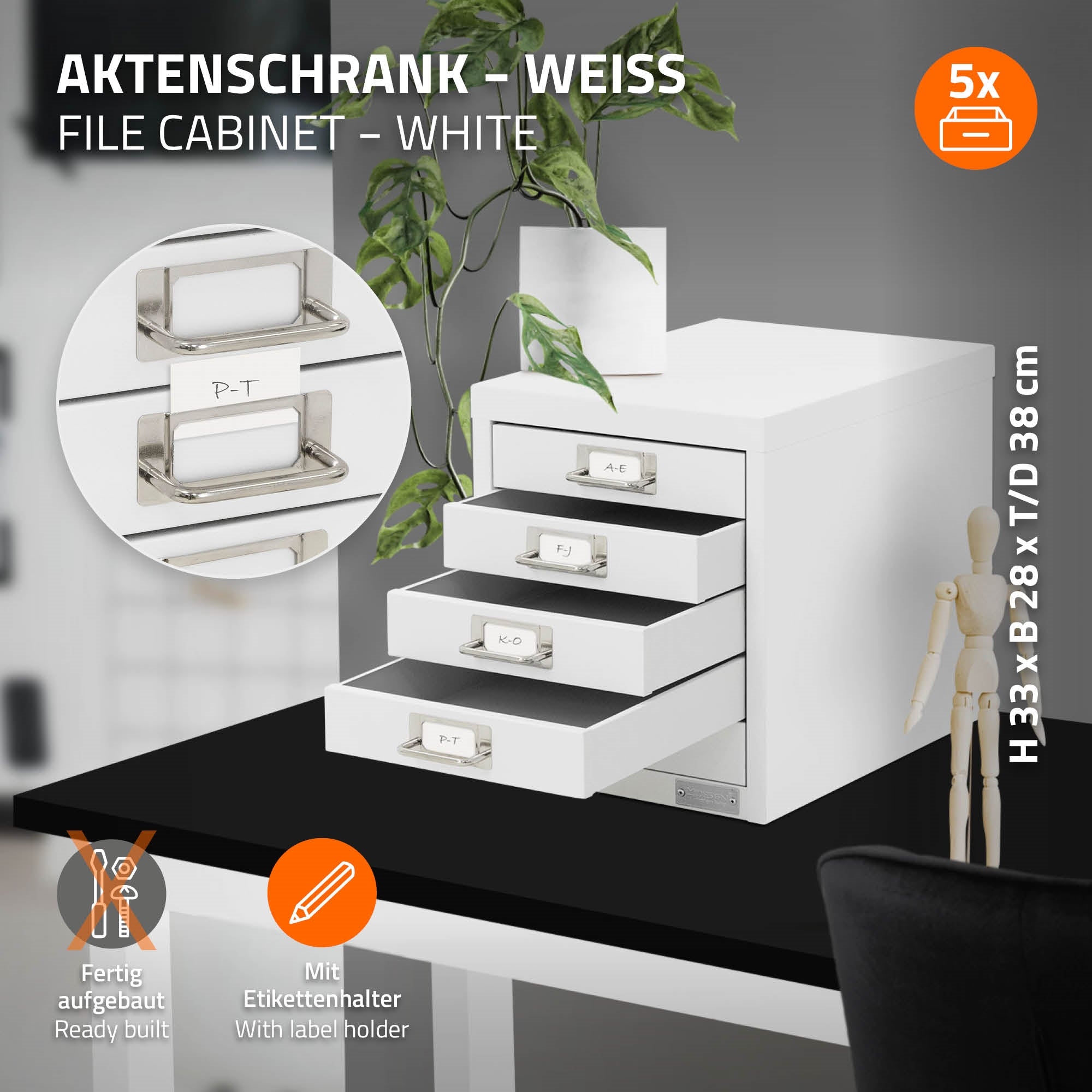 ECD Germany ML-Design caisson bureau blanc 5 tiroirs 28x38x33 cm