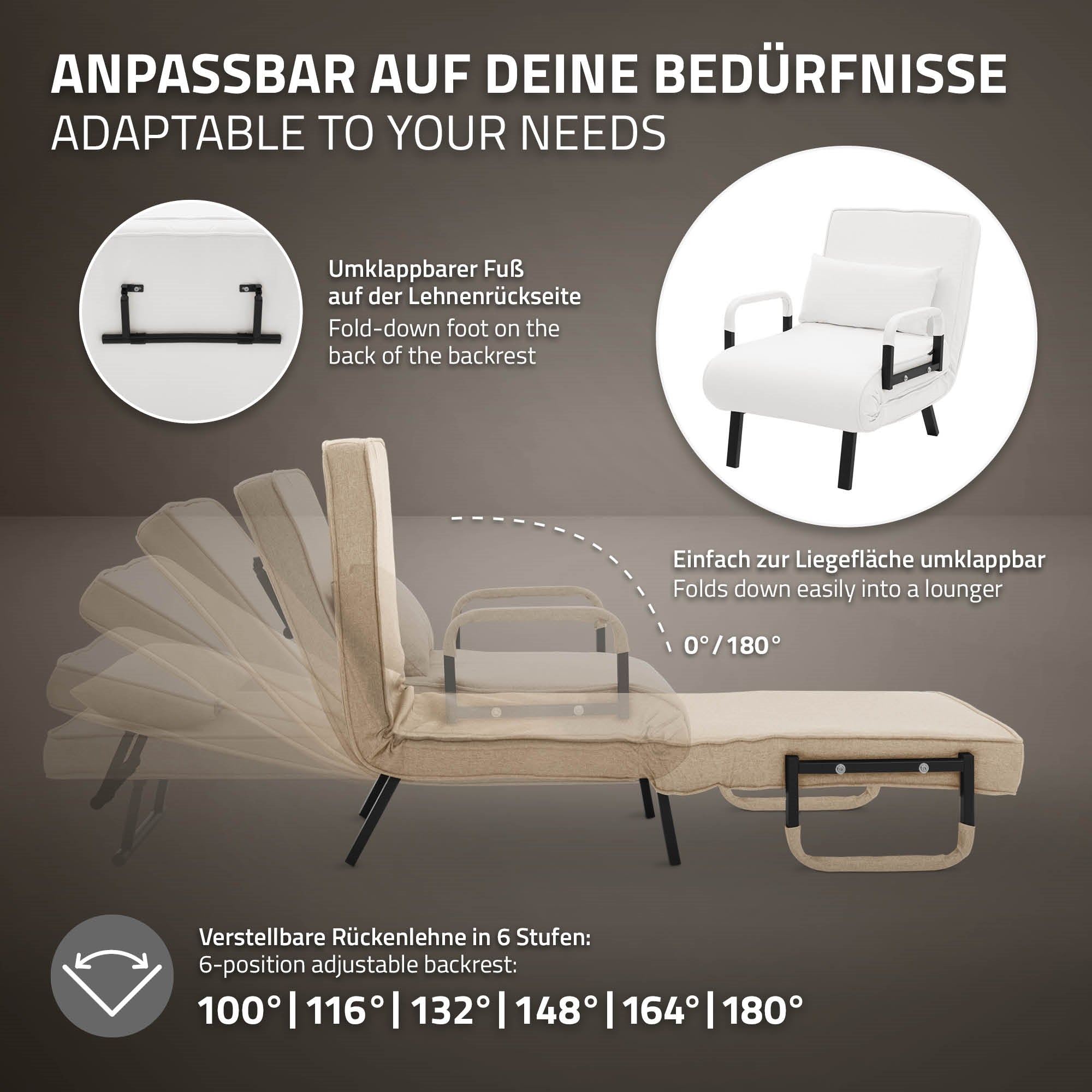 ECD Germany Meuble fauteuil-lit blanc 186x60 cm chenille acier