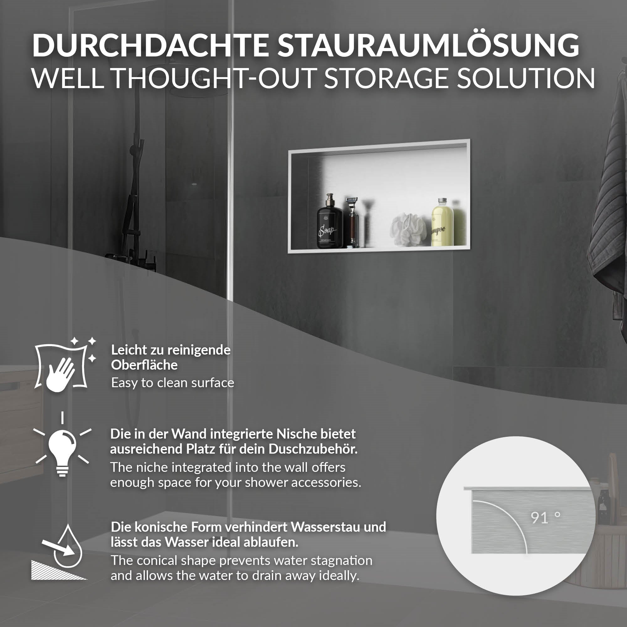 ECD Germany Sanitär niche douche 60x30 cm inox argent