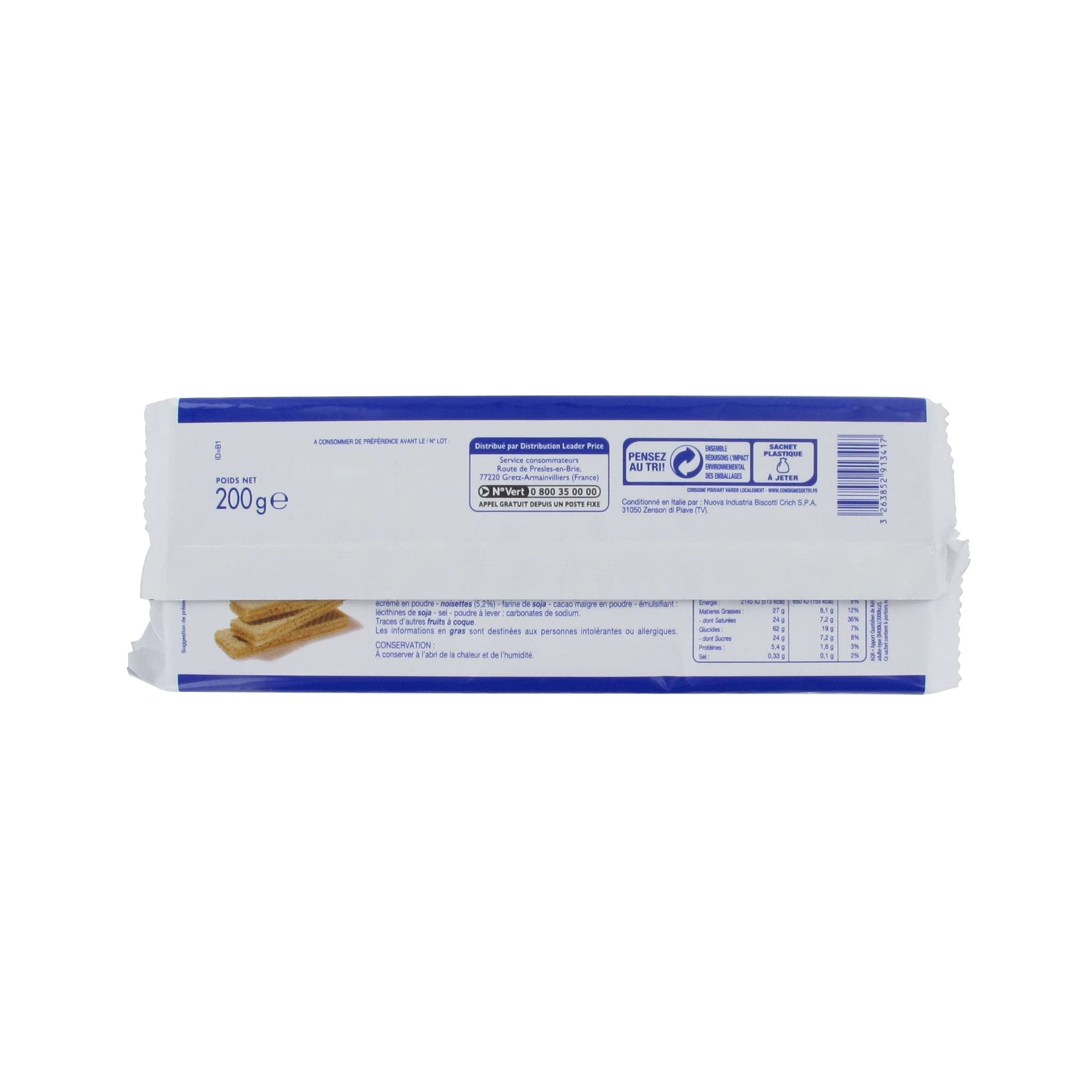 Leader Price Gaufrettes fourrées noisette x20 biscuits 200g