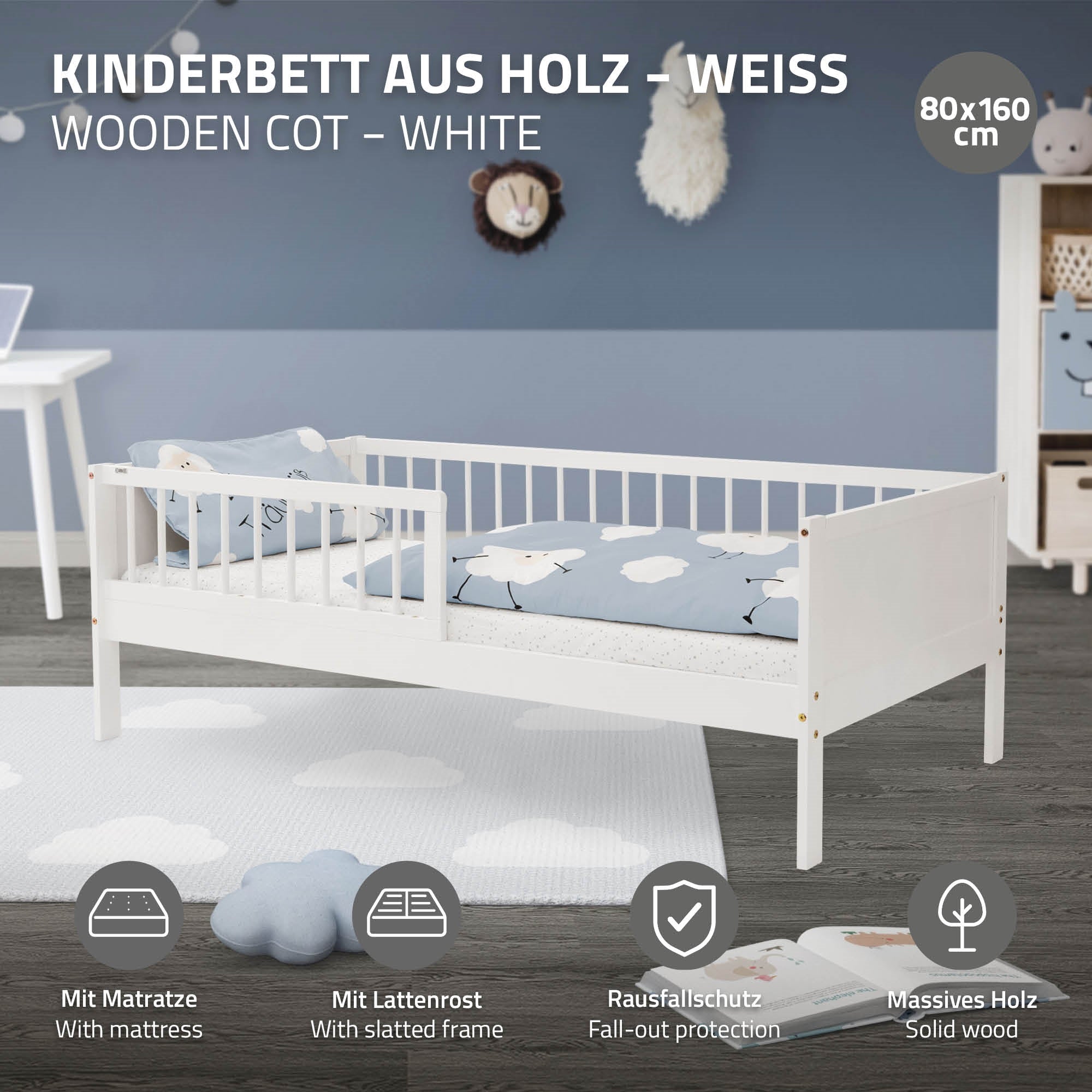 ECD Germany Kinder lit enfant 80x160 blanc avec matelas