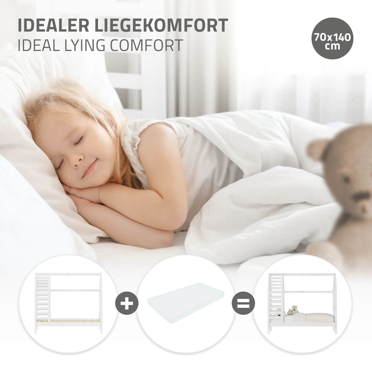 ECD Germany Kinder lit cabane 70x140 blanc pin sommier