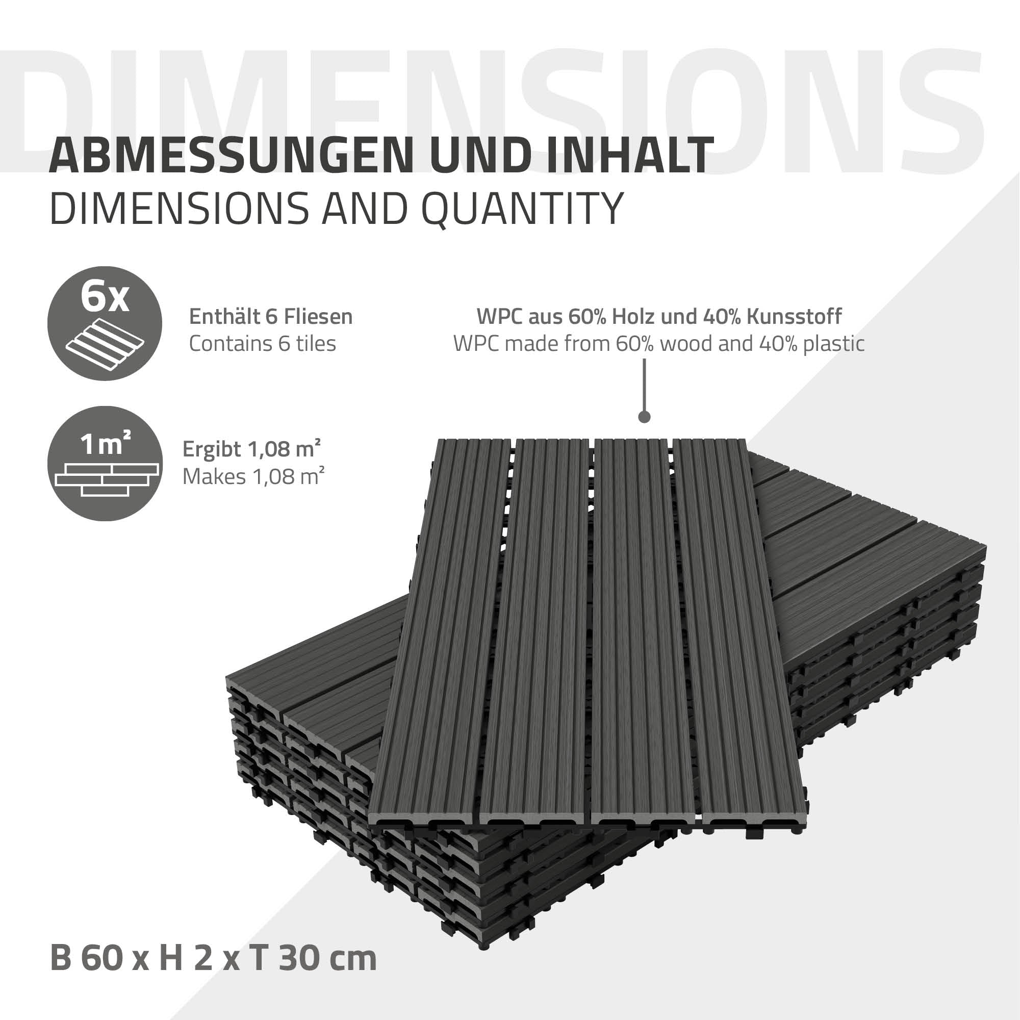 ECD Germany Garten Dalles Terrasse WPC 60x30 Anthracite 12 pcs 2m²