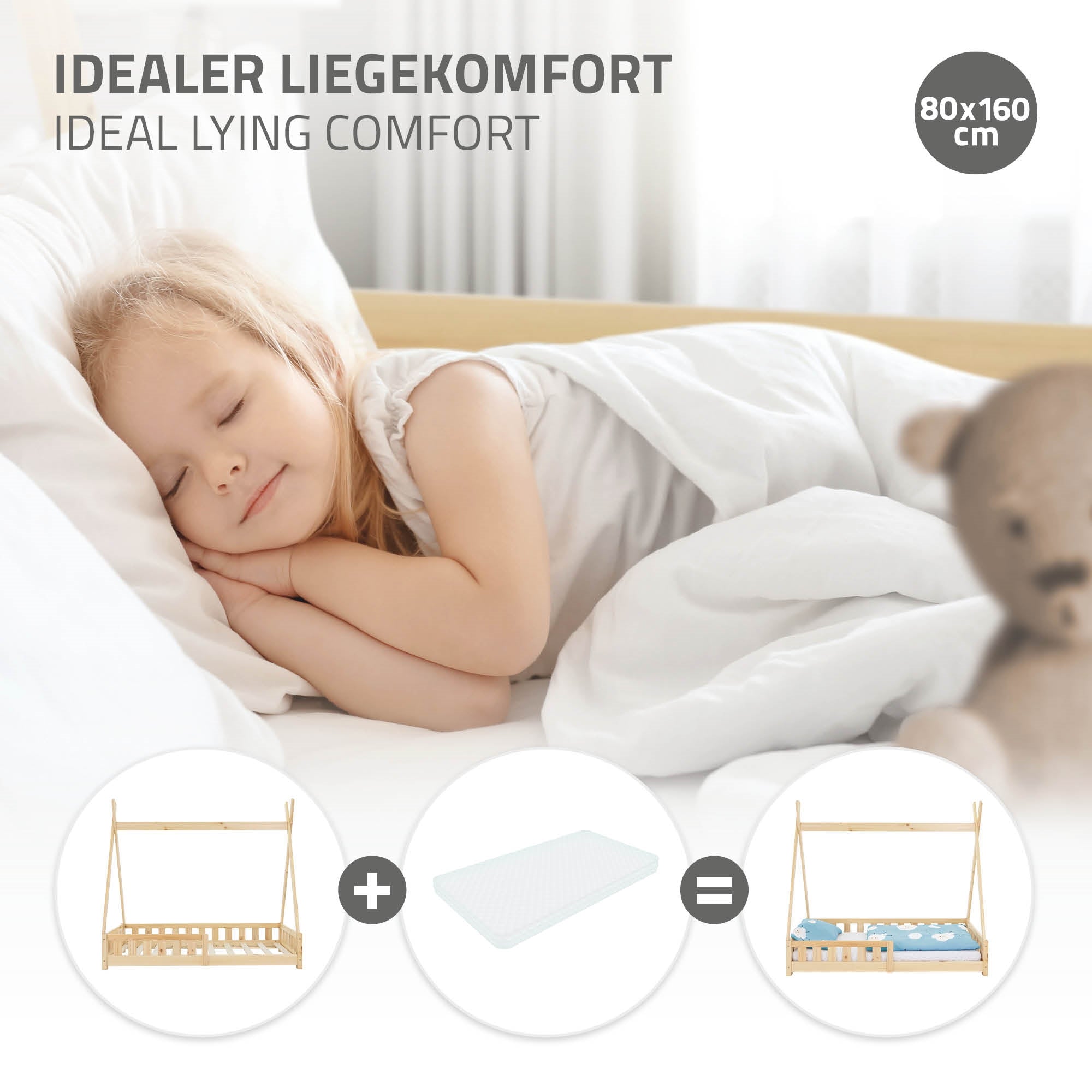 ECD Germany Kinder Lit Tipi Enfant 80x160 cm Pin avec Barrière