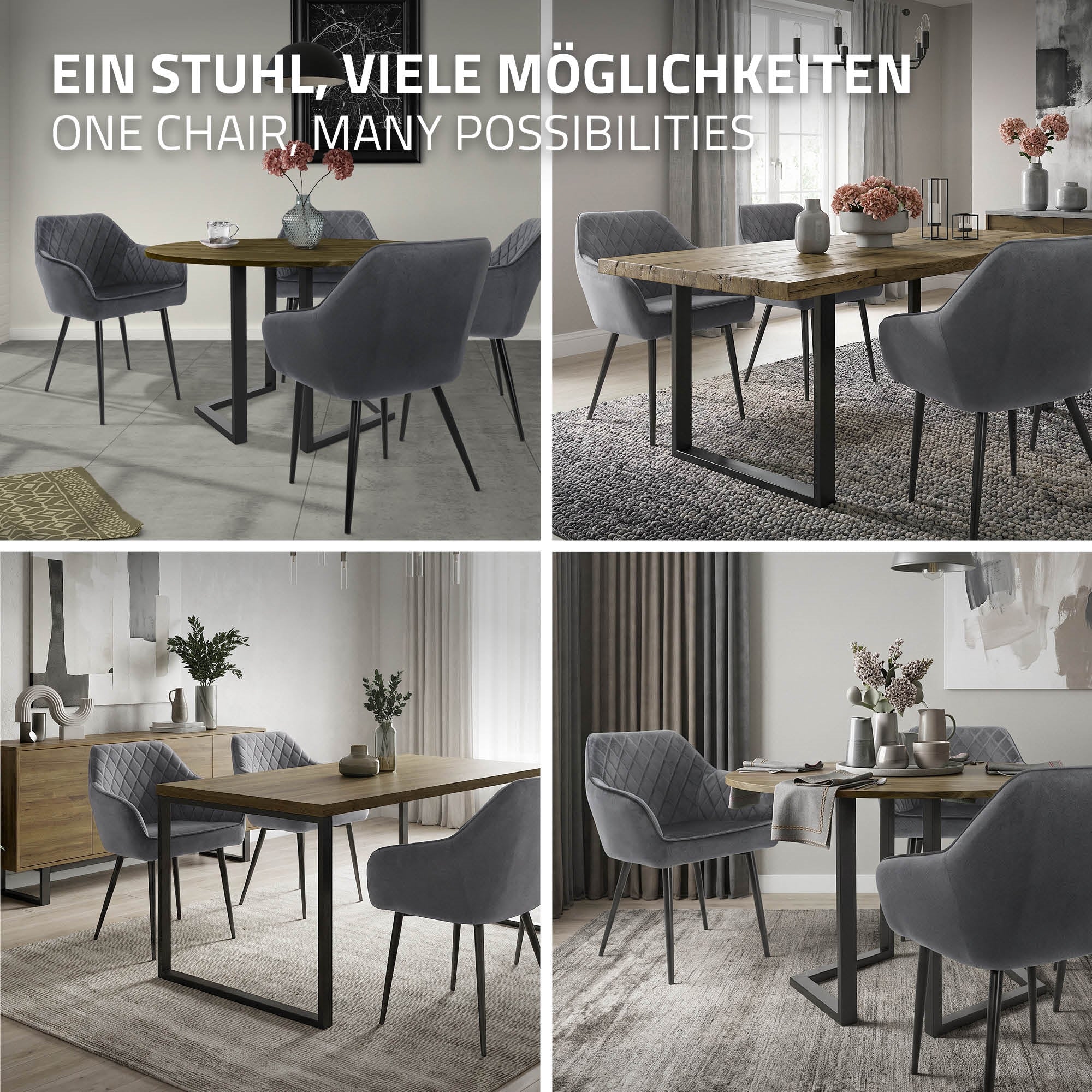 ML-Design chaise velours anthracite lot 2 pieds métal