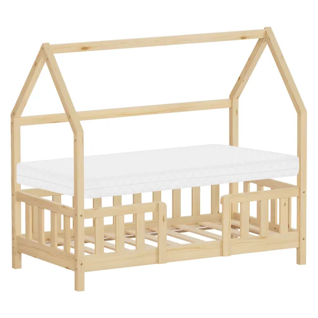 ECD Germany Kinder lit cabane 70x140 cm naturel avec matelas