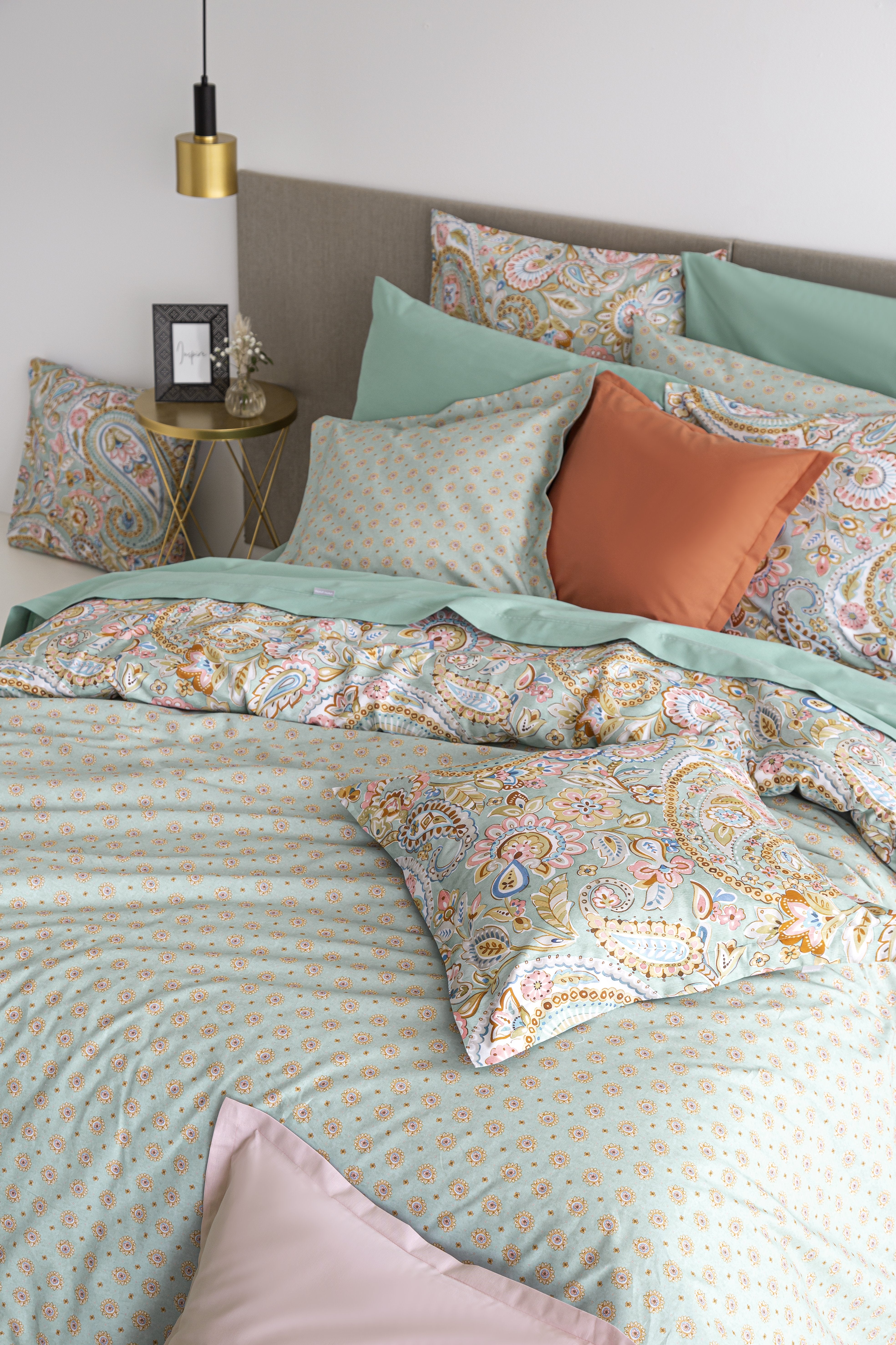 Parure housse couette 260x240 vert coton 3 pièces
