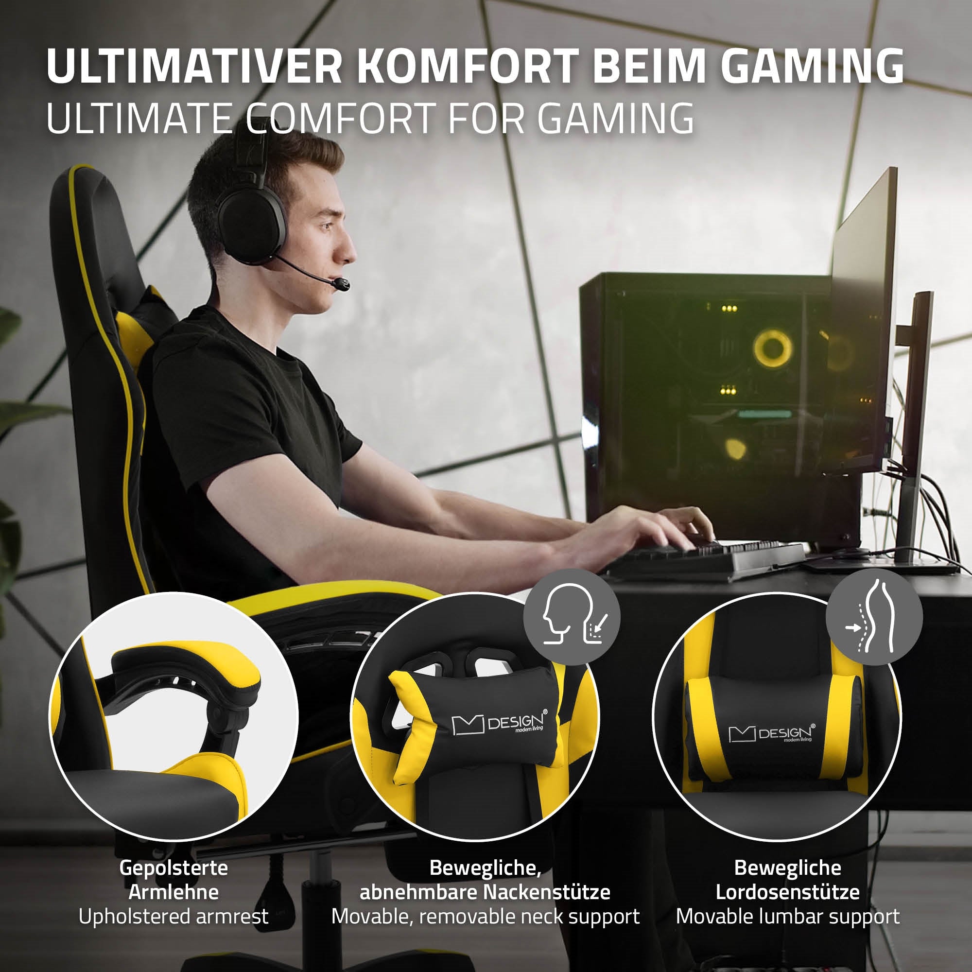 ECD Germany Möbel chaise gaming noir-jaune similicuir repose-pieds