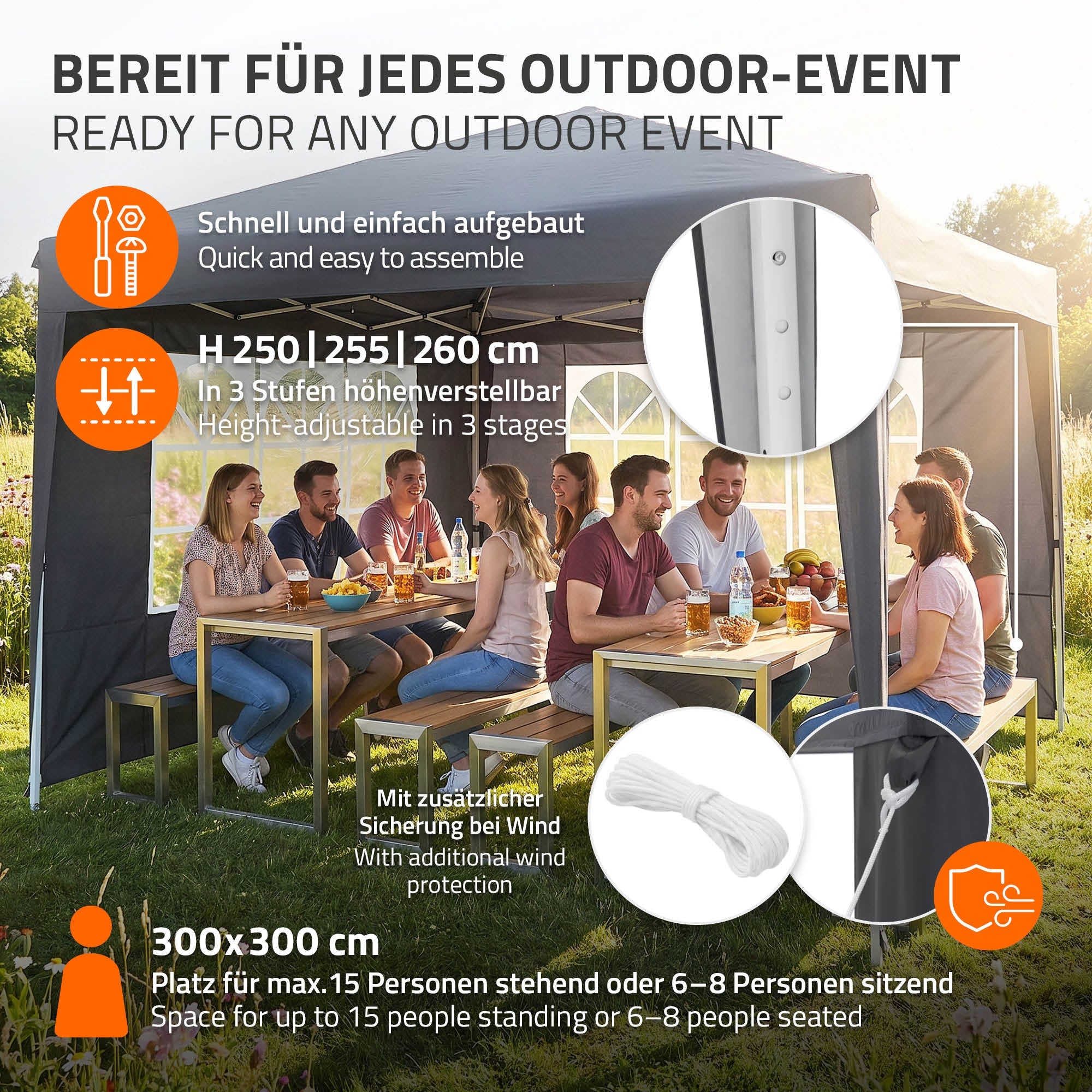 ECD Germany pavillon pliant 3x3 m anthracite avec parois polyester