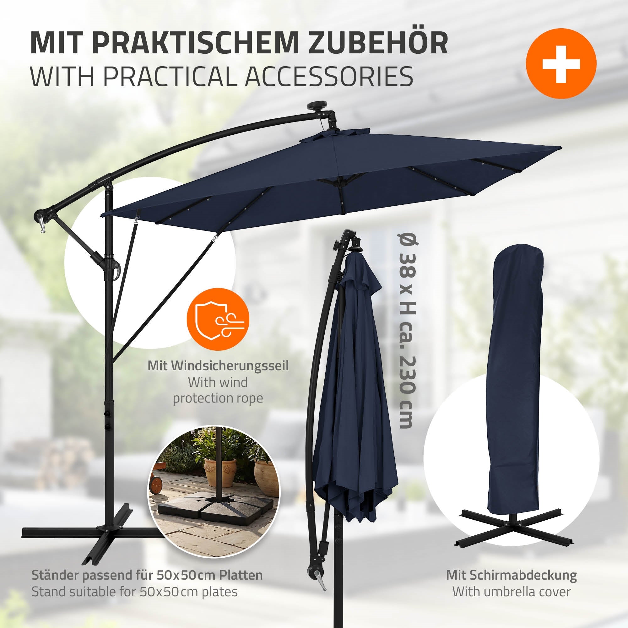 ECD Germany ML-Design Parasol déporté LED solaire 330cm bleu