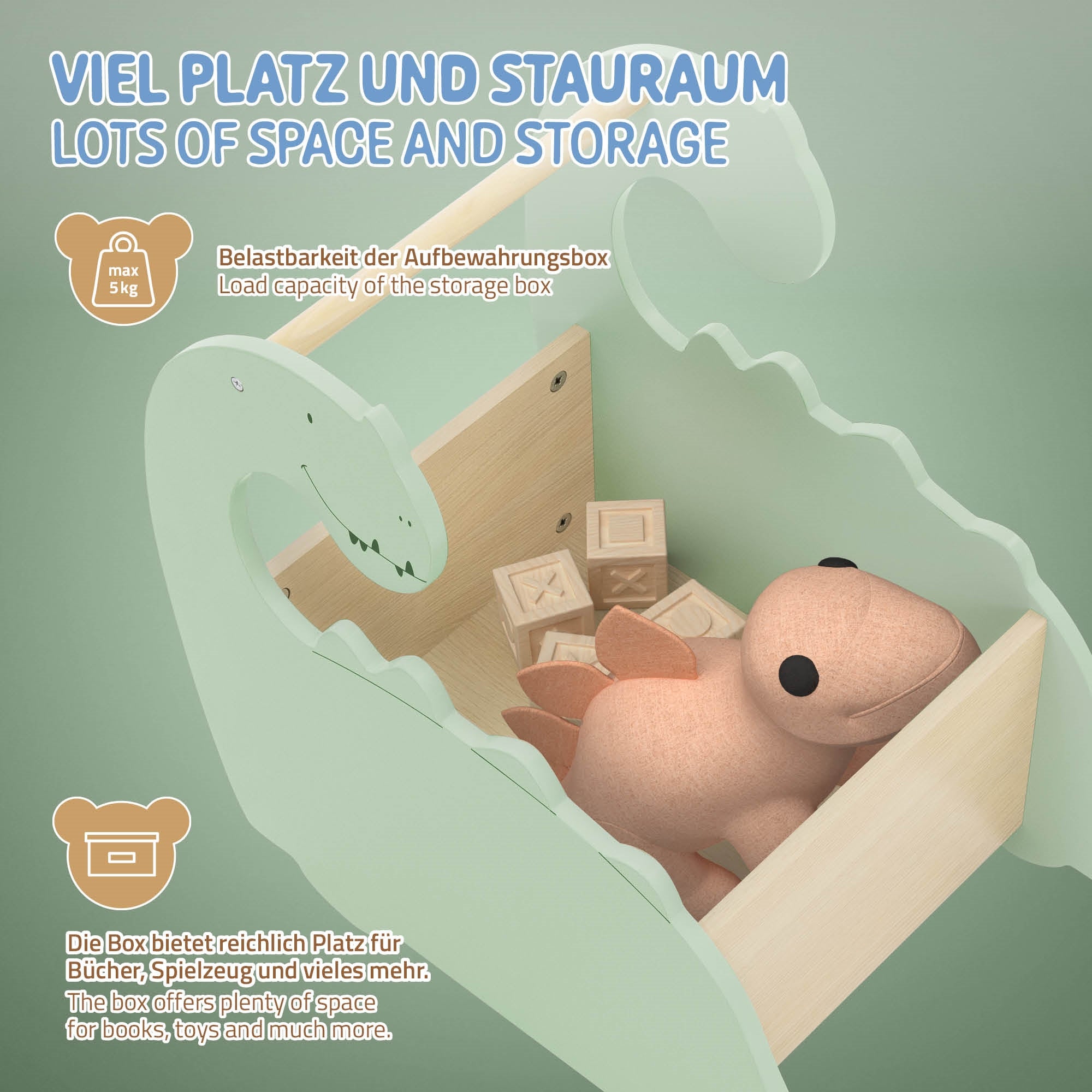 ECD Germany Kinder Coffre à jouets dino beige vert roulettes