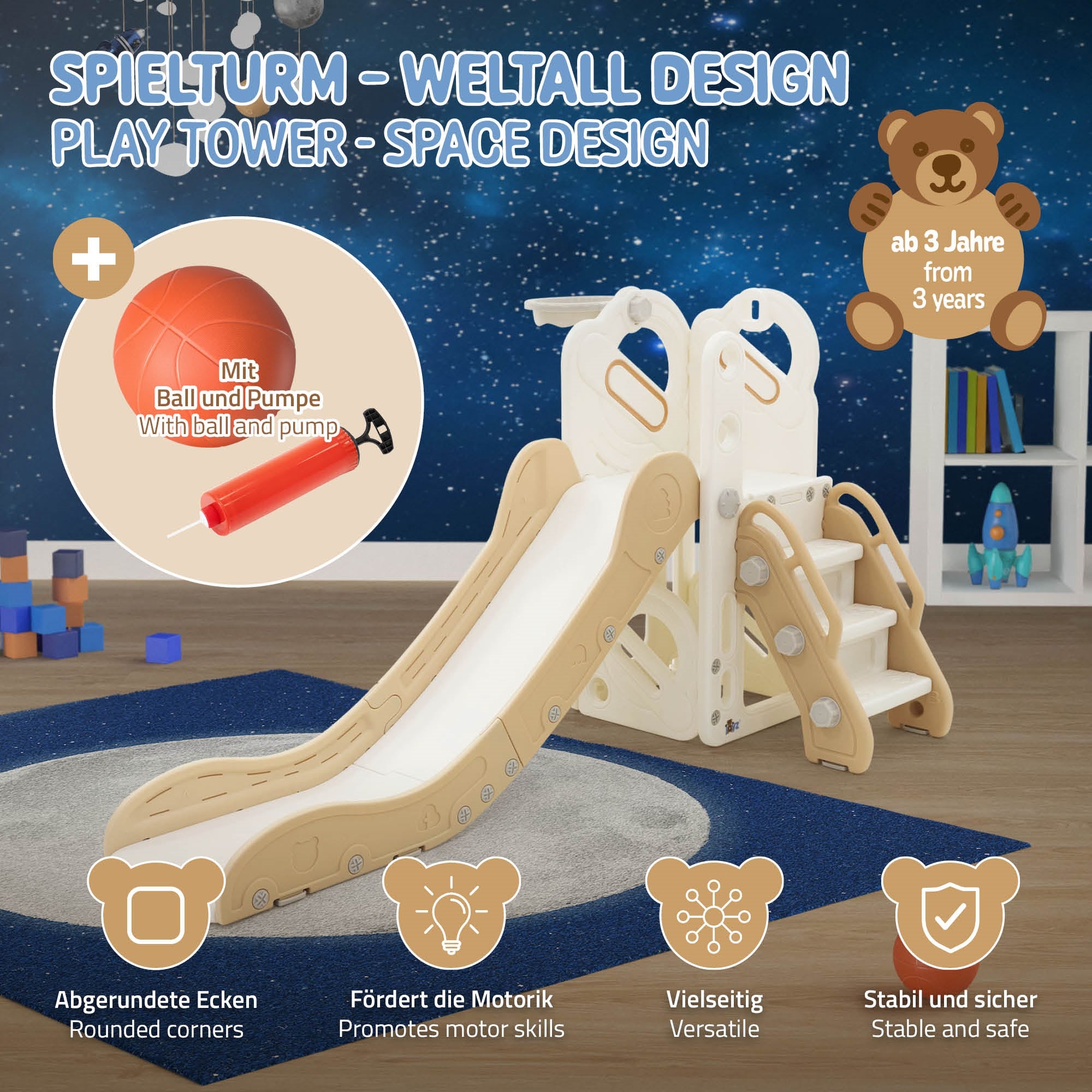 ECD Germany Kinder tour de jeux 3en1 beige toboggan + panier basket