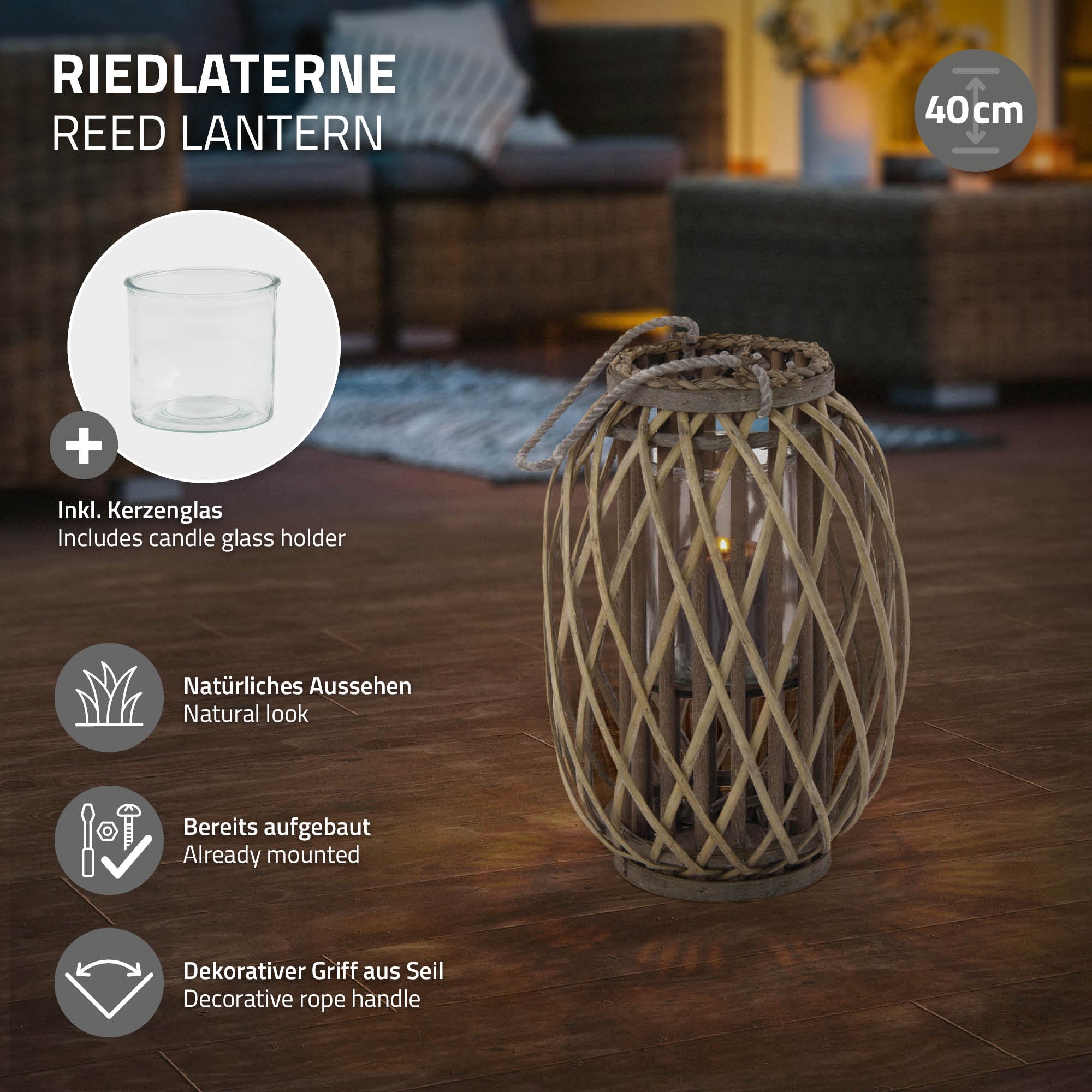 ECD Germany lanterne rotin marron tressée 40 cm avec anse jardin