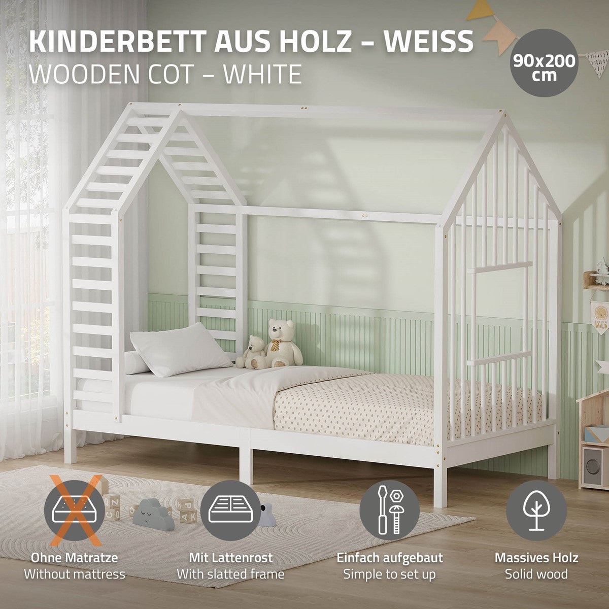 ECD Germany Kinder lit cabane blanc 90x200 cm pin sans matelas