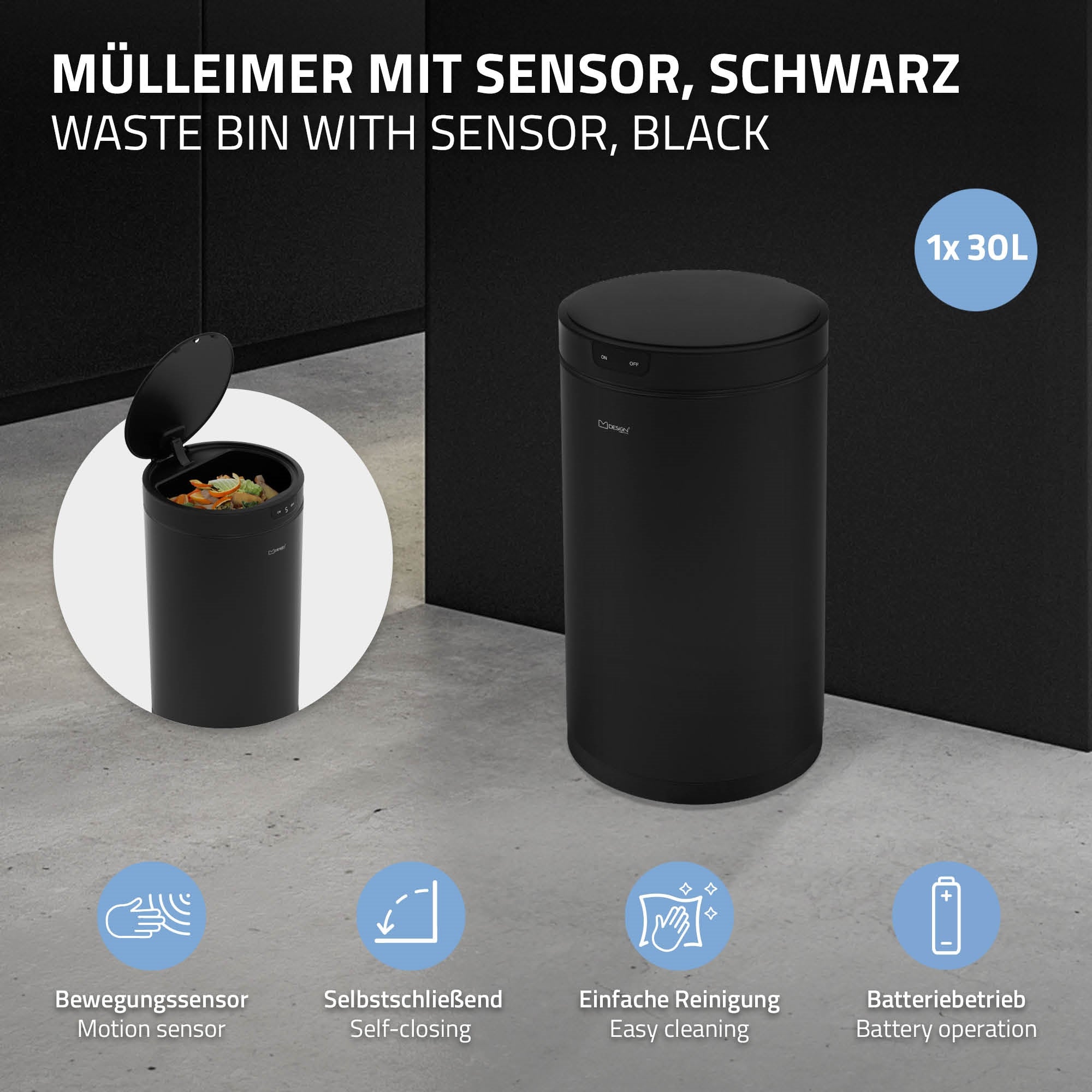 ECD Germany Möbel poubelle capteur 30L acier noir mat ronde