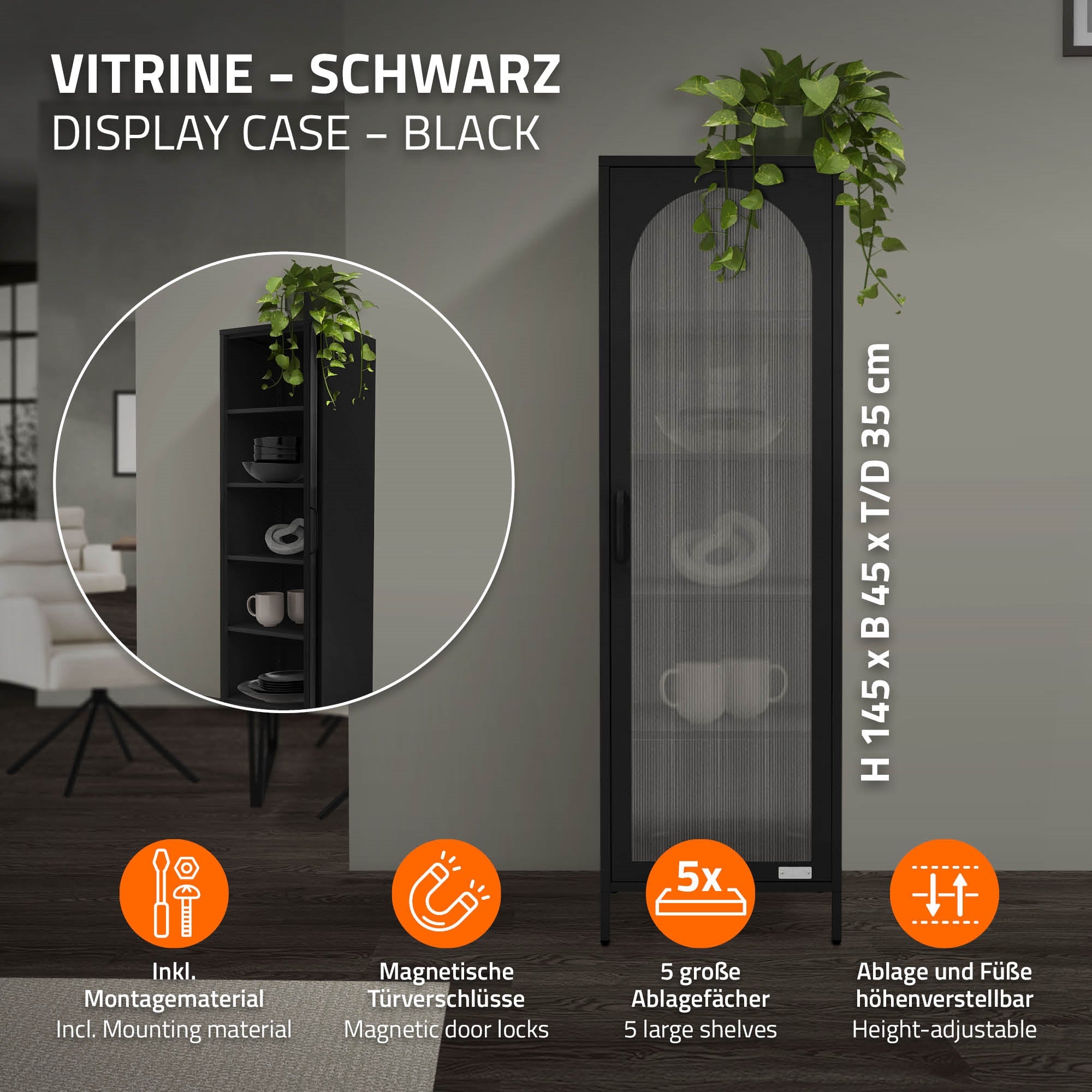 ECD Germany Möbel vitrine métal noir 45x145x35 cm