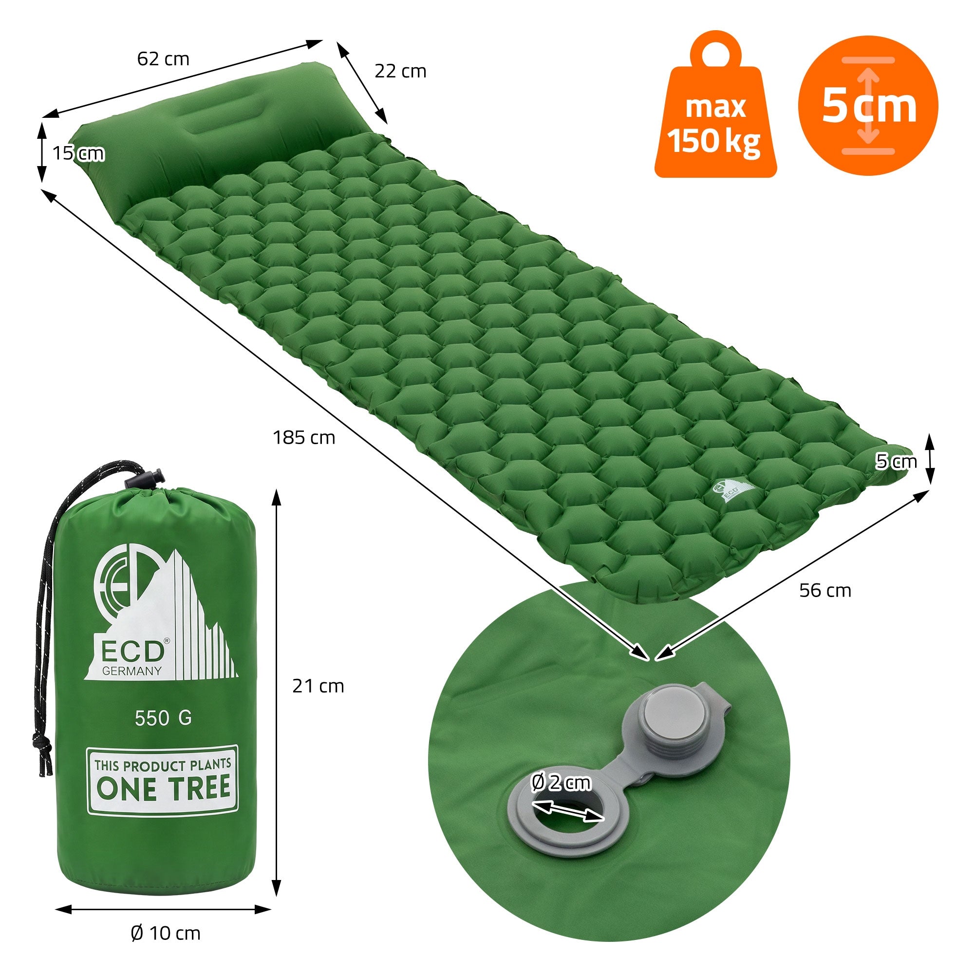 ECD Germany matelas camping gonflable vert oreiller 150 kg