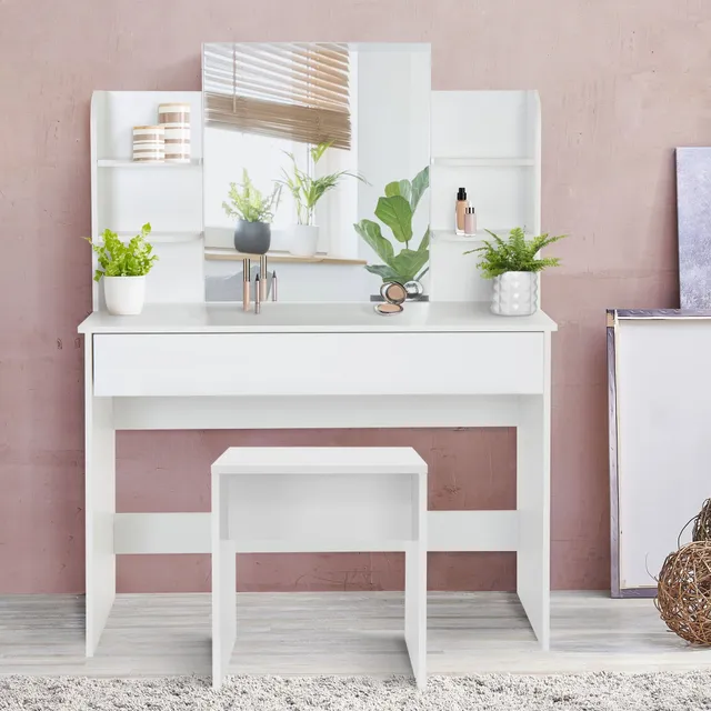 ML-Design 108 cm coiffeuse blanche avec miroir et tabouret