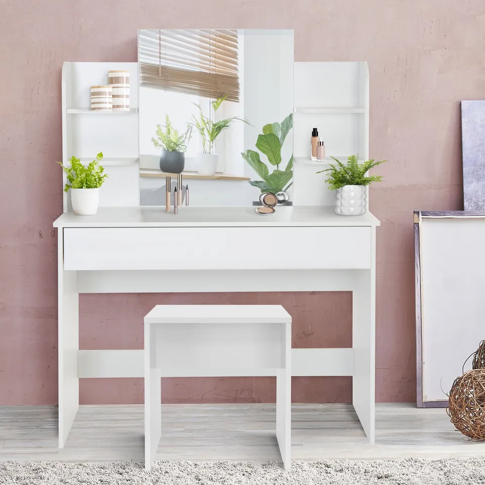 ML-Design 108 cm coiffeuse blanche avec miroir et tabouret