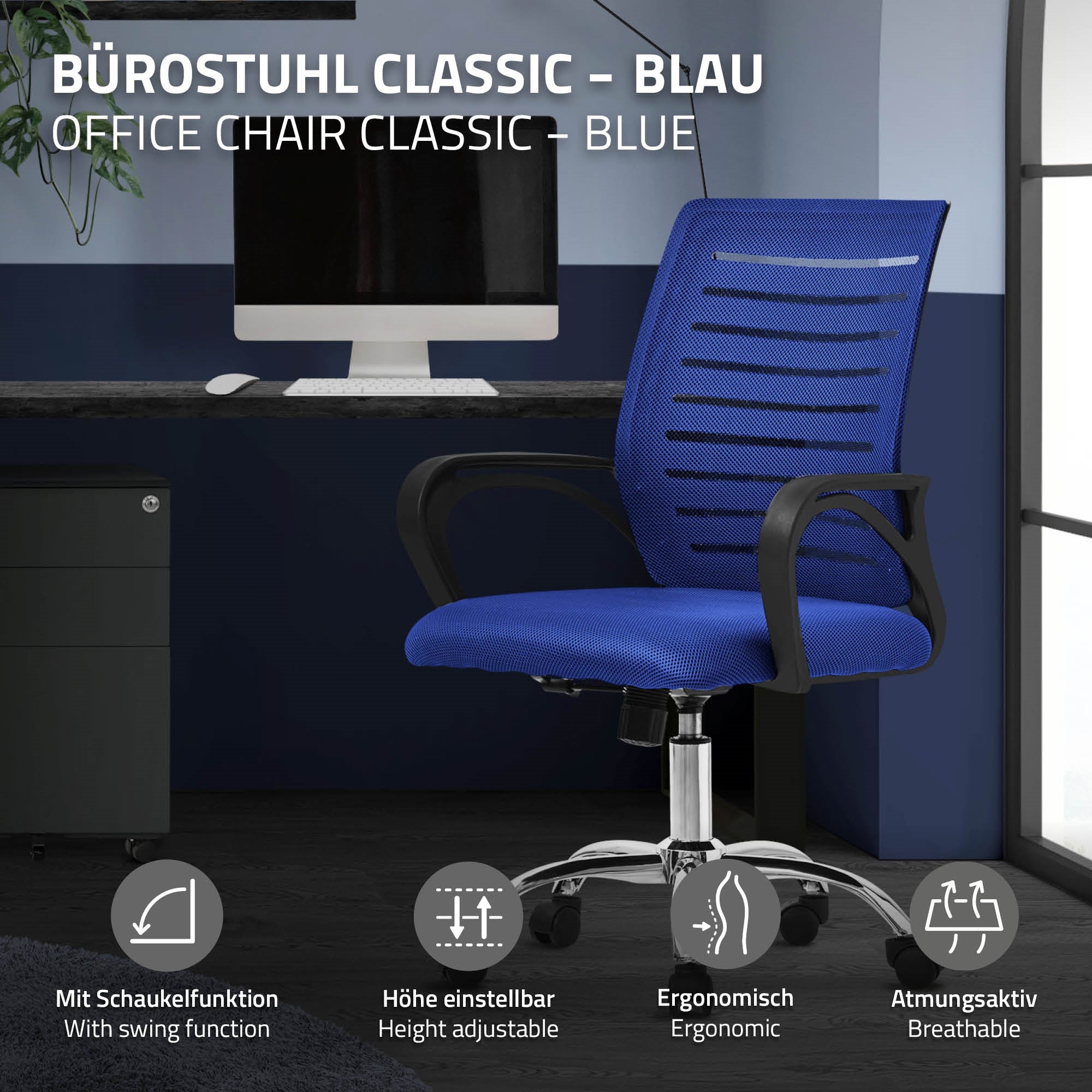 ECD Germany Möbel Chaise bureau bleu mesh à roulettes
