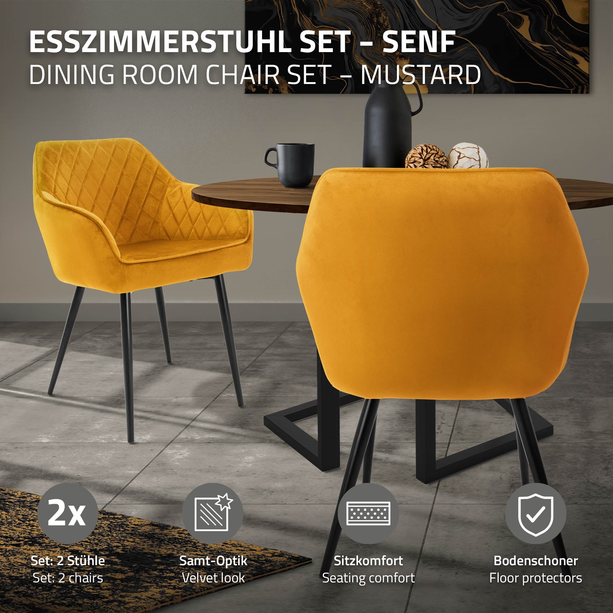 ECD Germany ML-Design chaise velours moutarde 49 cm lot de 2