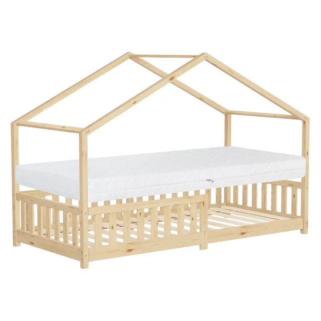 ECD Germany ML-Design lit cabane 90x200 naturel avec matelas