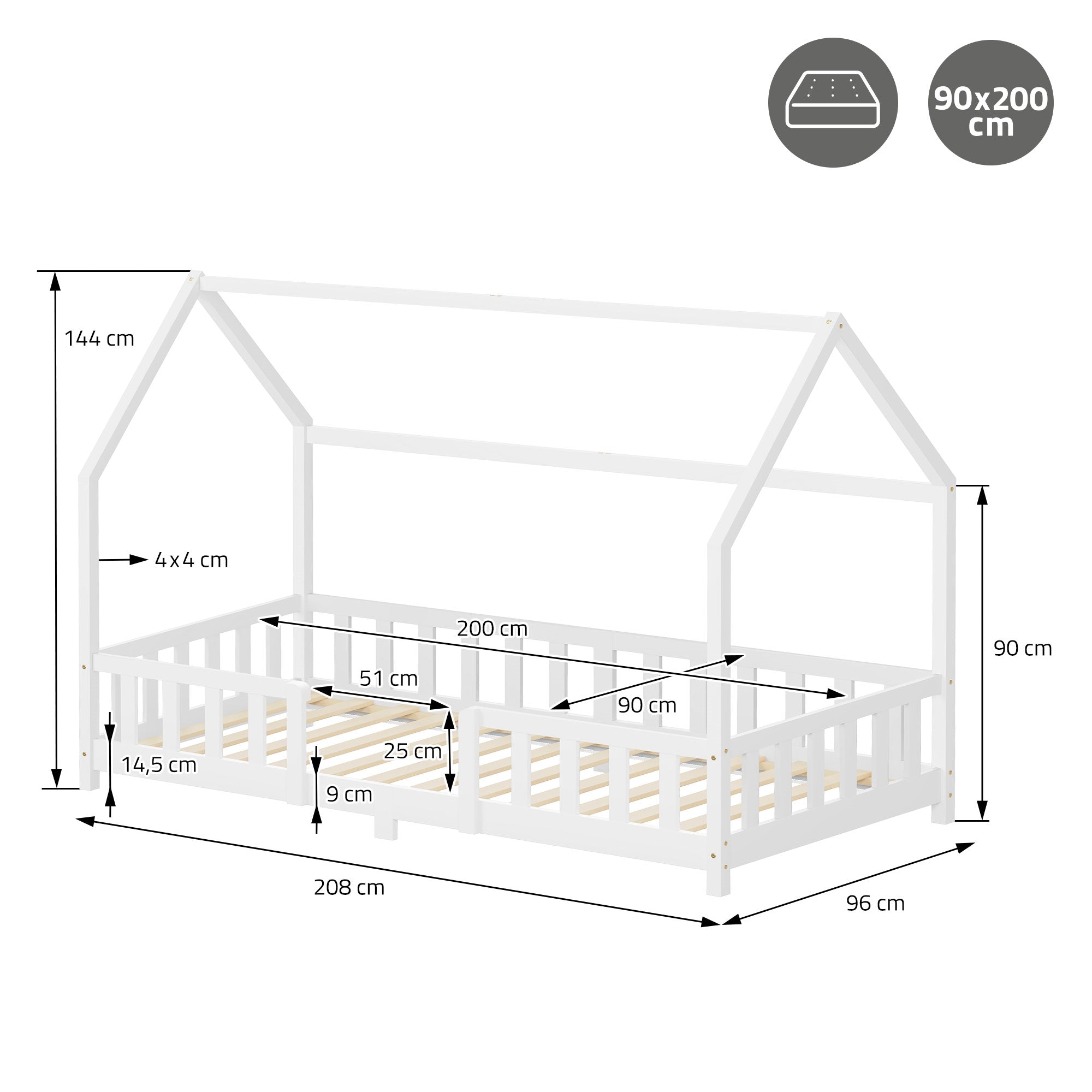 ECD Germany Kinder Lit cabane 90x200 cm blanc pin avec sommier