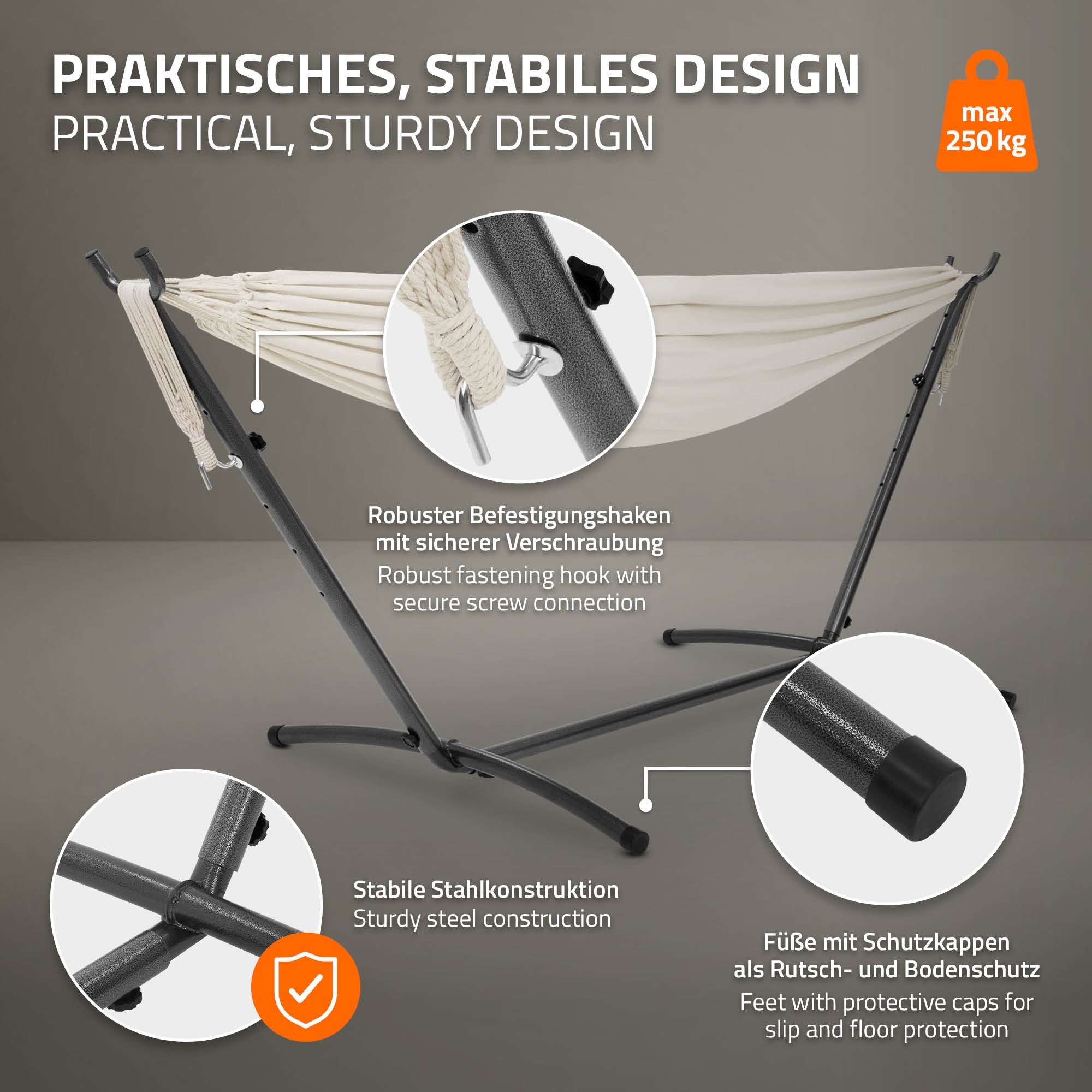 ML-Design hamac XXL noir 255cm avec support acier 250kg