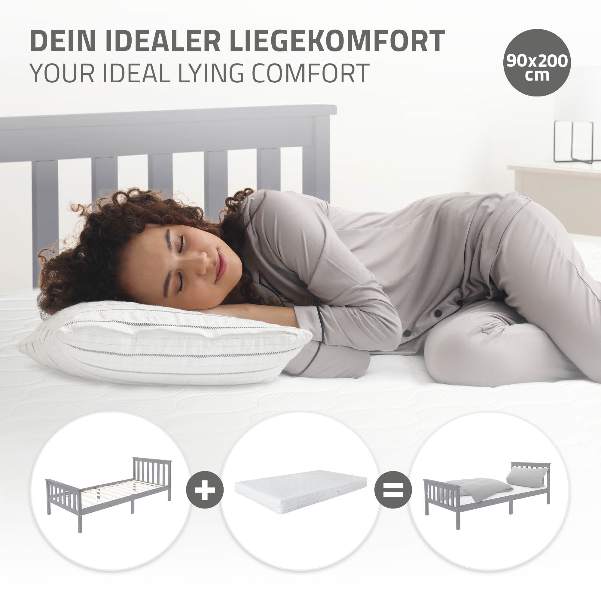 ML-Design Lit Simple 90x200 Pin Gris Clair + Sommier