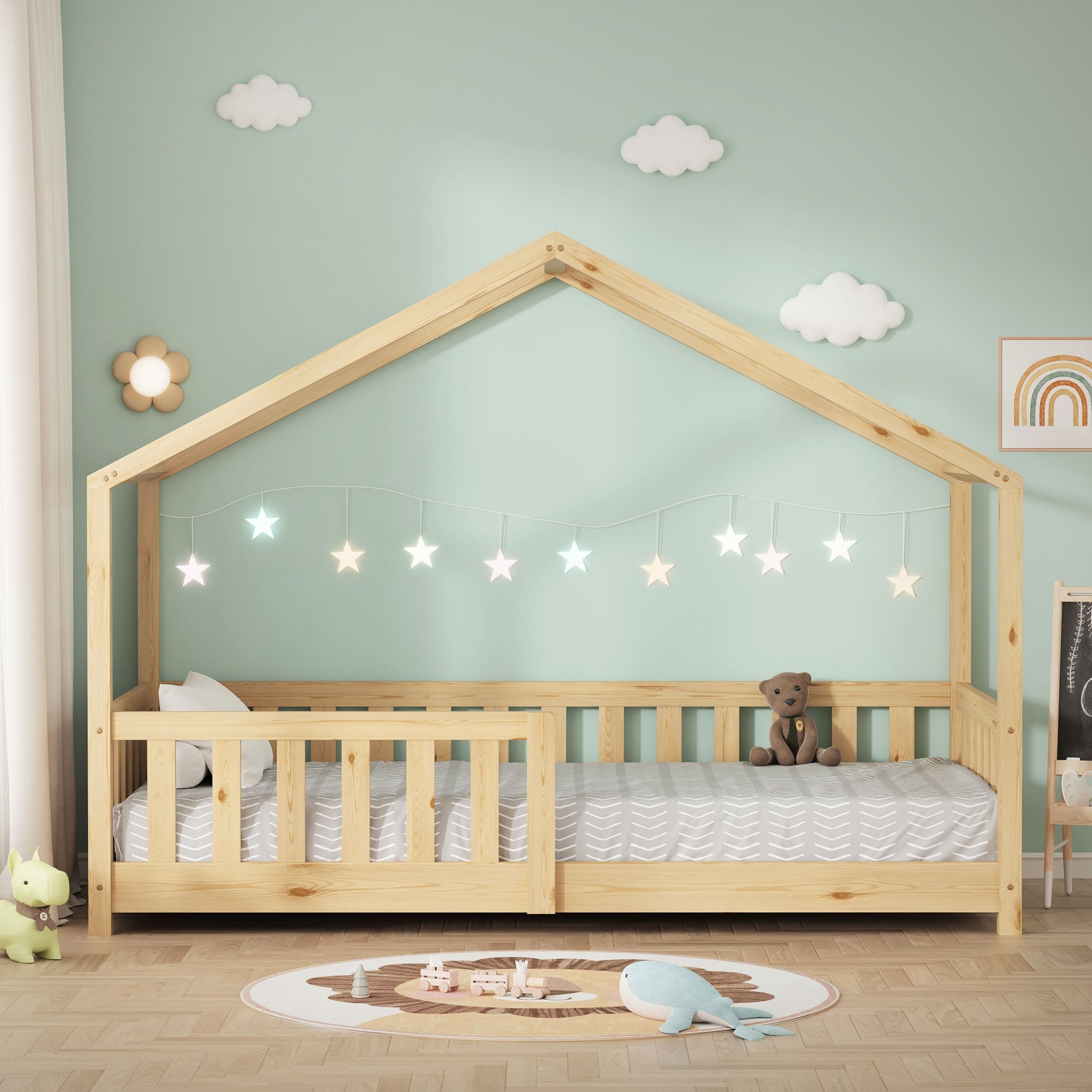 ECD Germany Kinder lit cabane 80x160 nature pin sommier