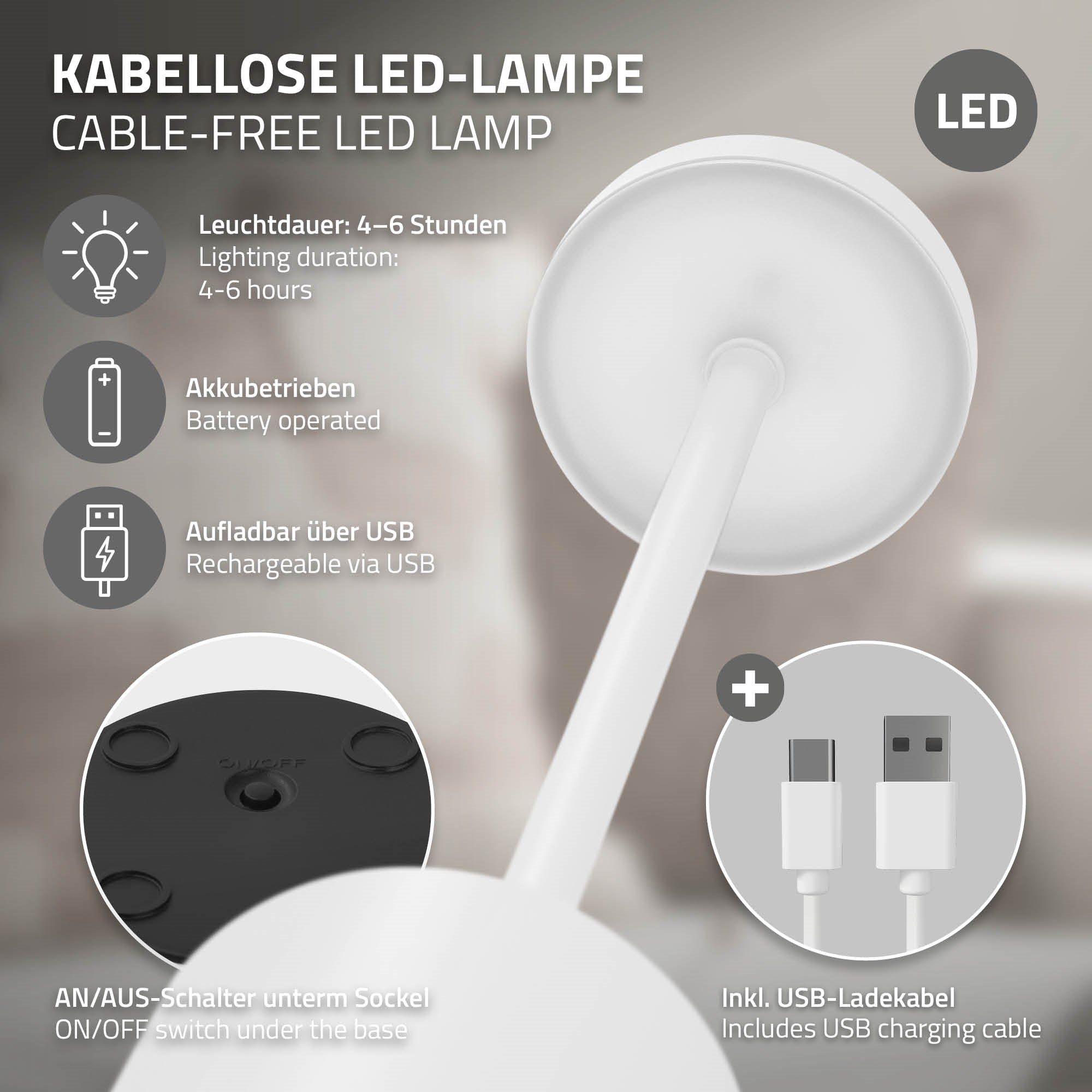 ECD Germany Haus & Wohnen Lampe LED blanche tactile USB-C