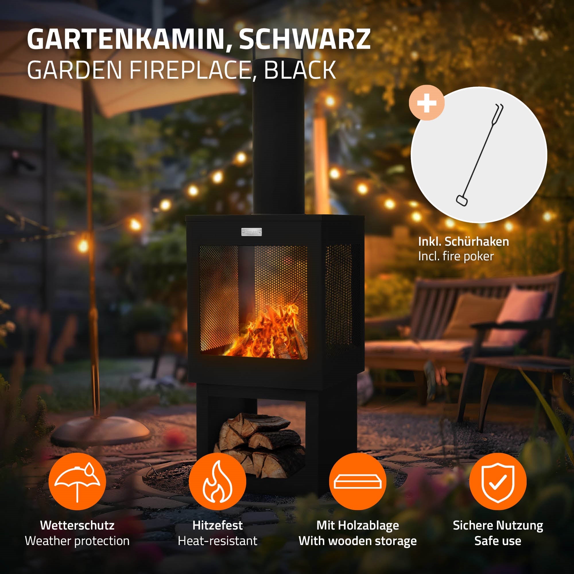 ECD Germany Garten cheminée de jardin acier noir 40x128x40 cm eckig