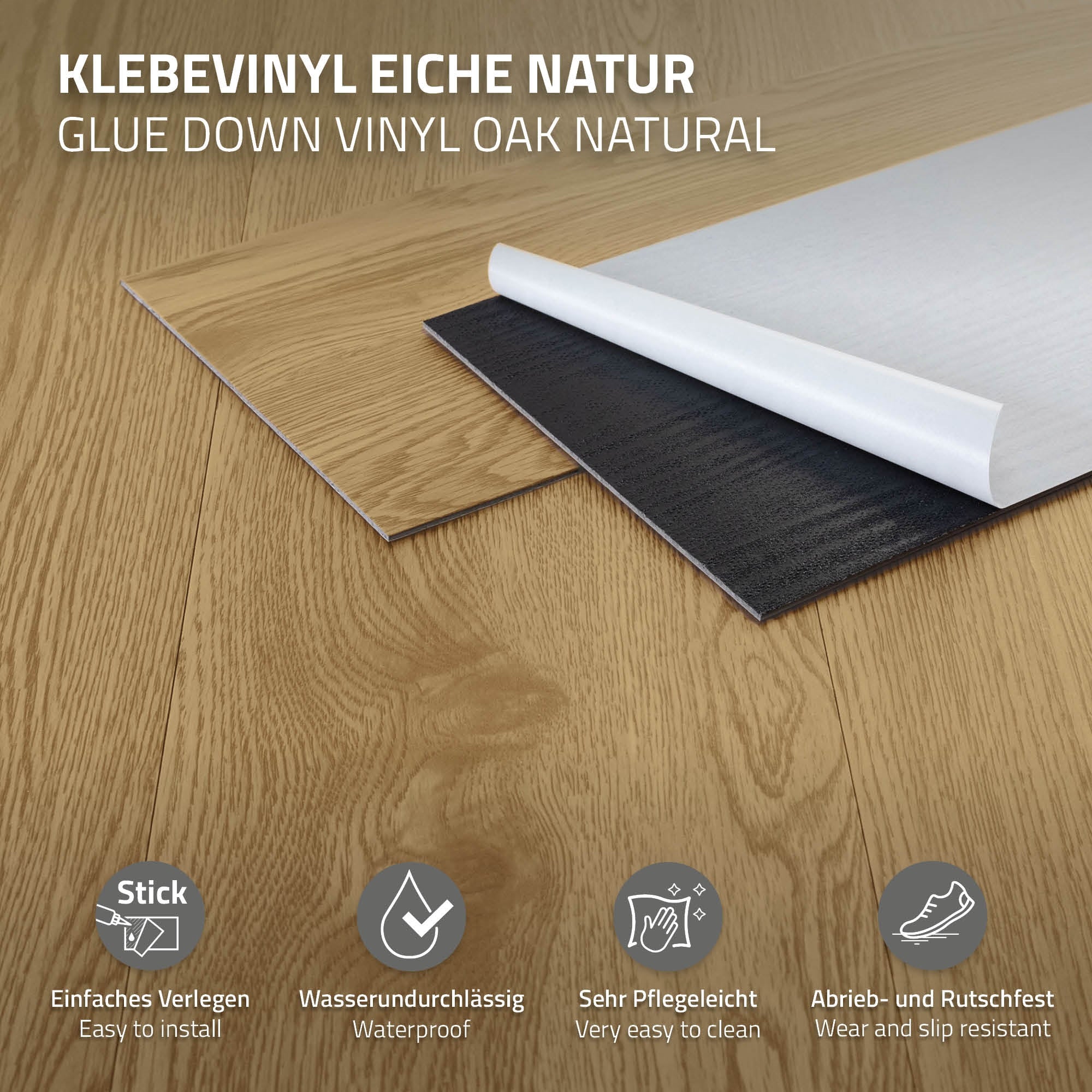 ECD Germany sol vinyle chêne naturel adhésif 2 mm lot 8,92 m²
