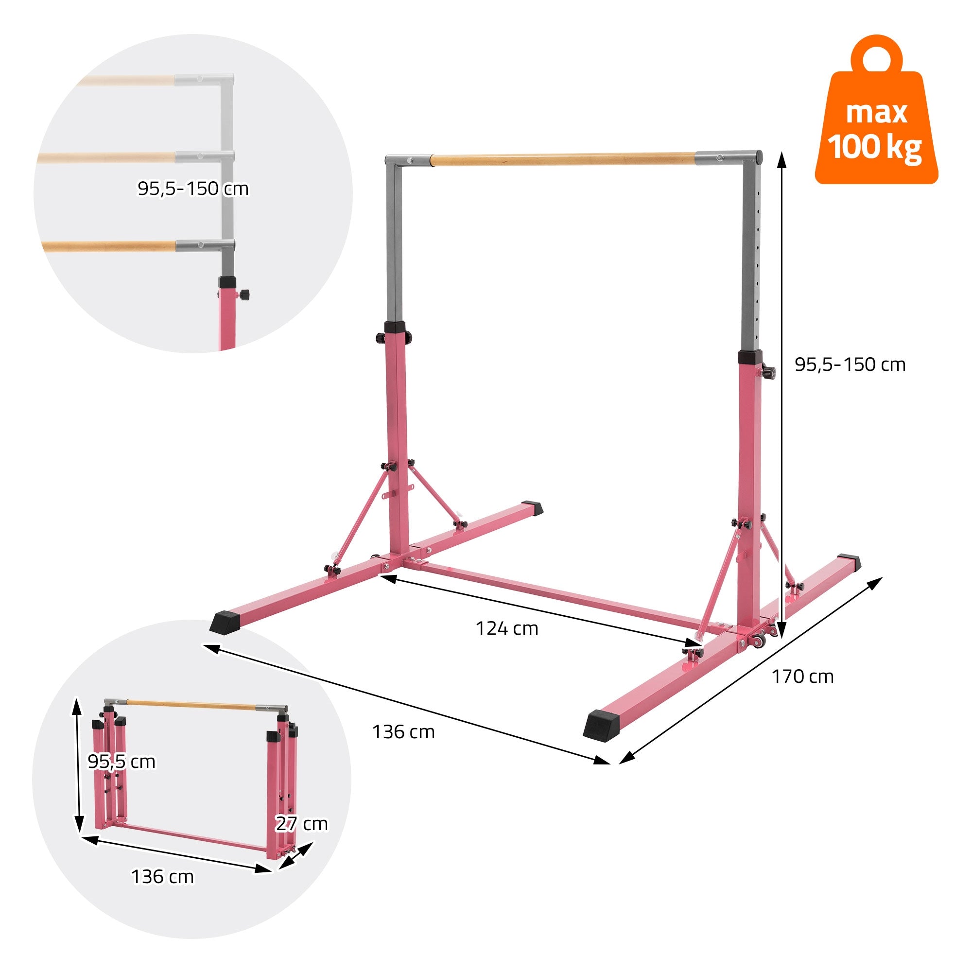 ECD Germany Kinder barre gymnastique enfant rose 95,5-150 cm