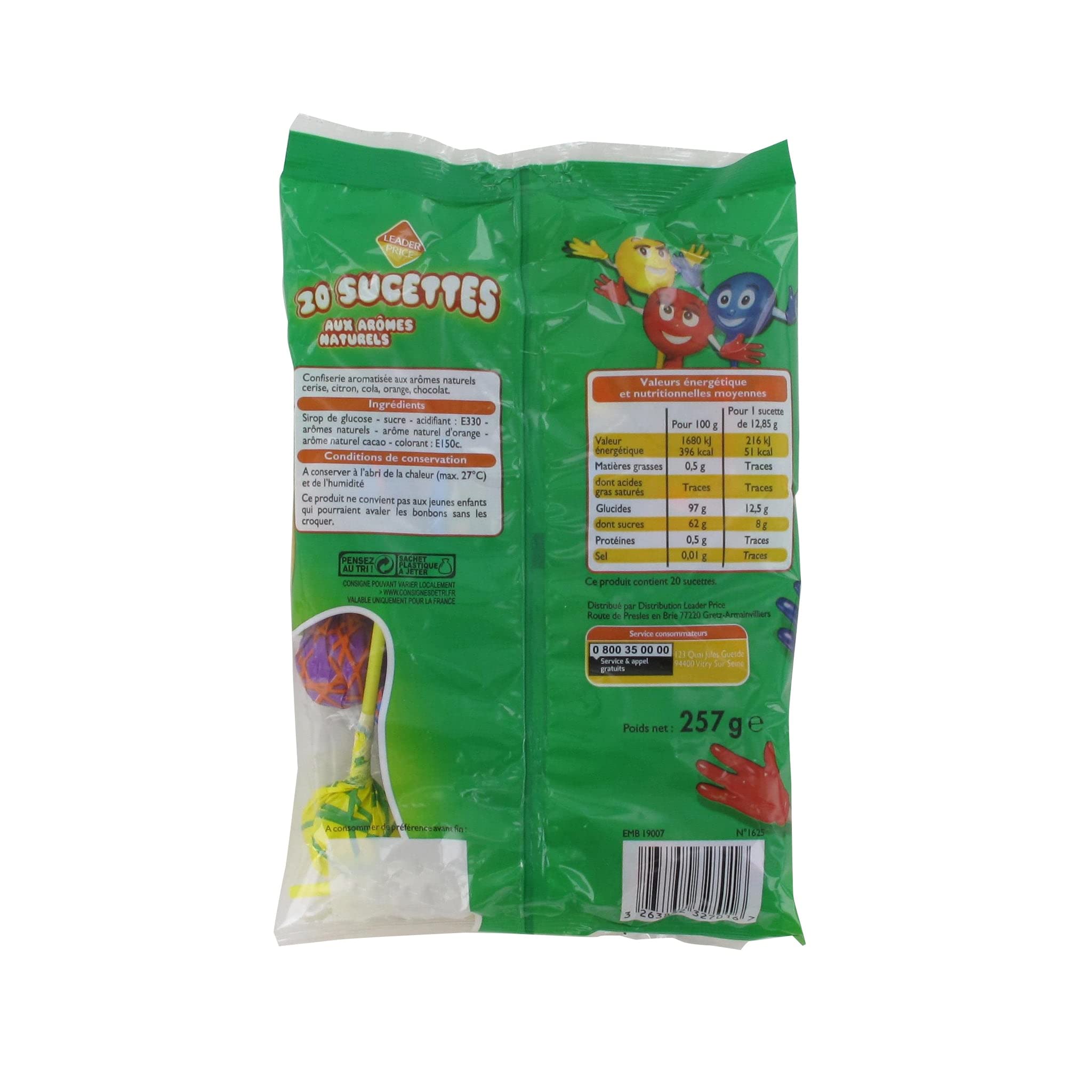 Leader Price Sucettes arômes naturels x20 257g bonbons fruit