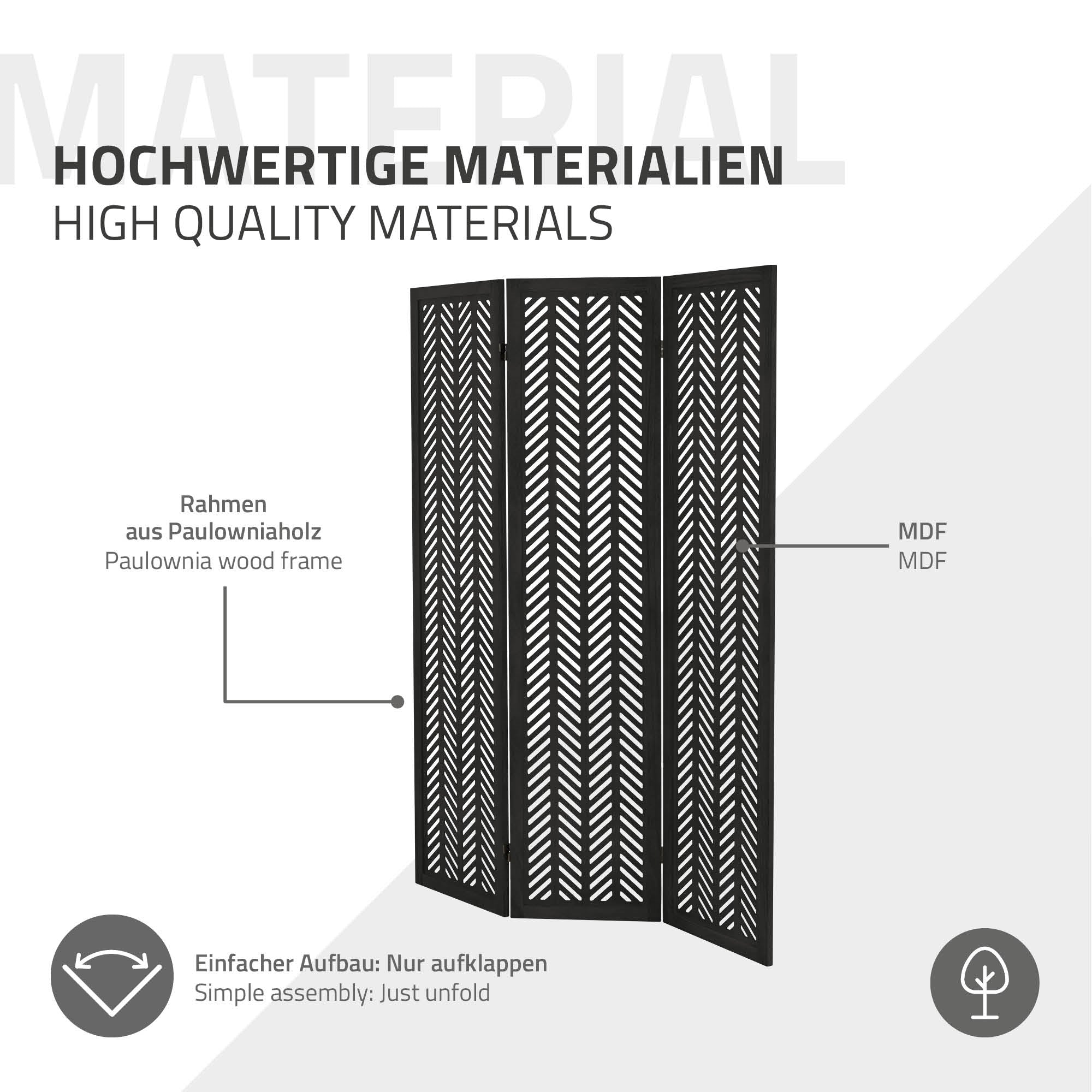 ML-Design Kobe paravent bois noir 3 volets 170x121 cm