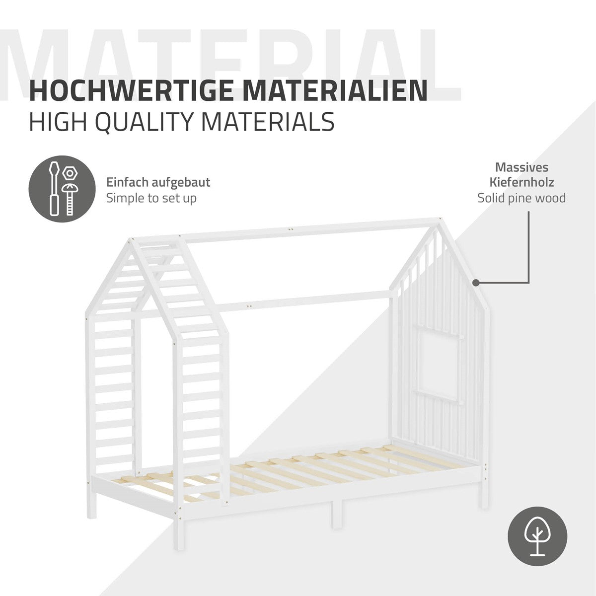ECD Germany Kinder lit cabane blanc 90x200 cm pin sans matelas