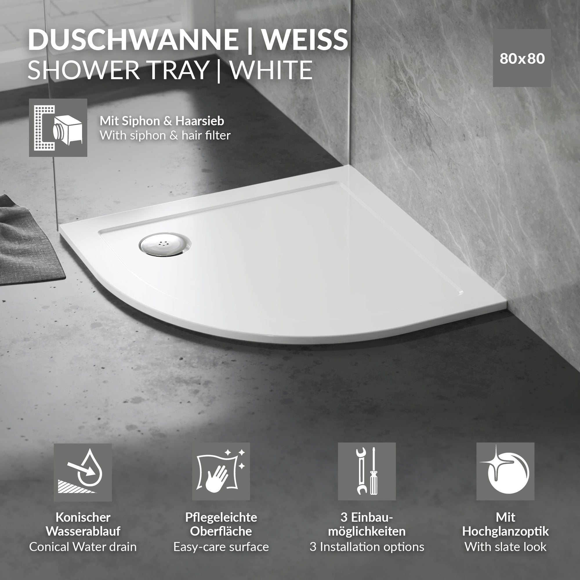 ECD Germany Sanitär receveur de douche blanc 80x80 cm rond SMC