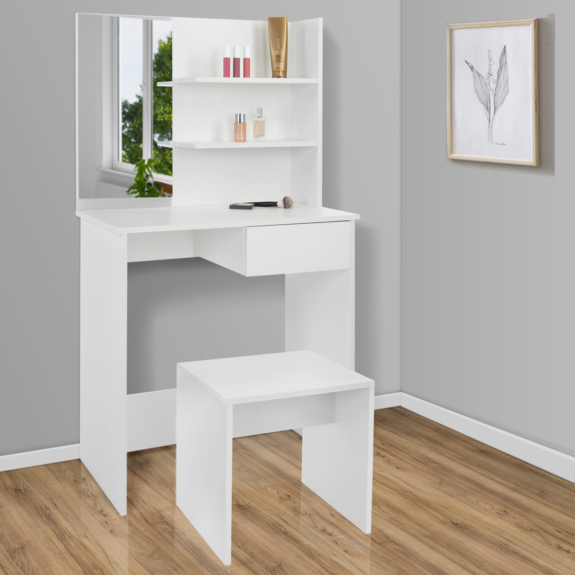 ECD Germany ML-Design Coiffeuse Blanche Miroir + Tabouret 75x40
