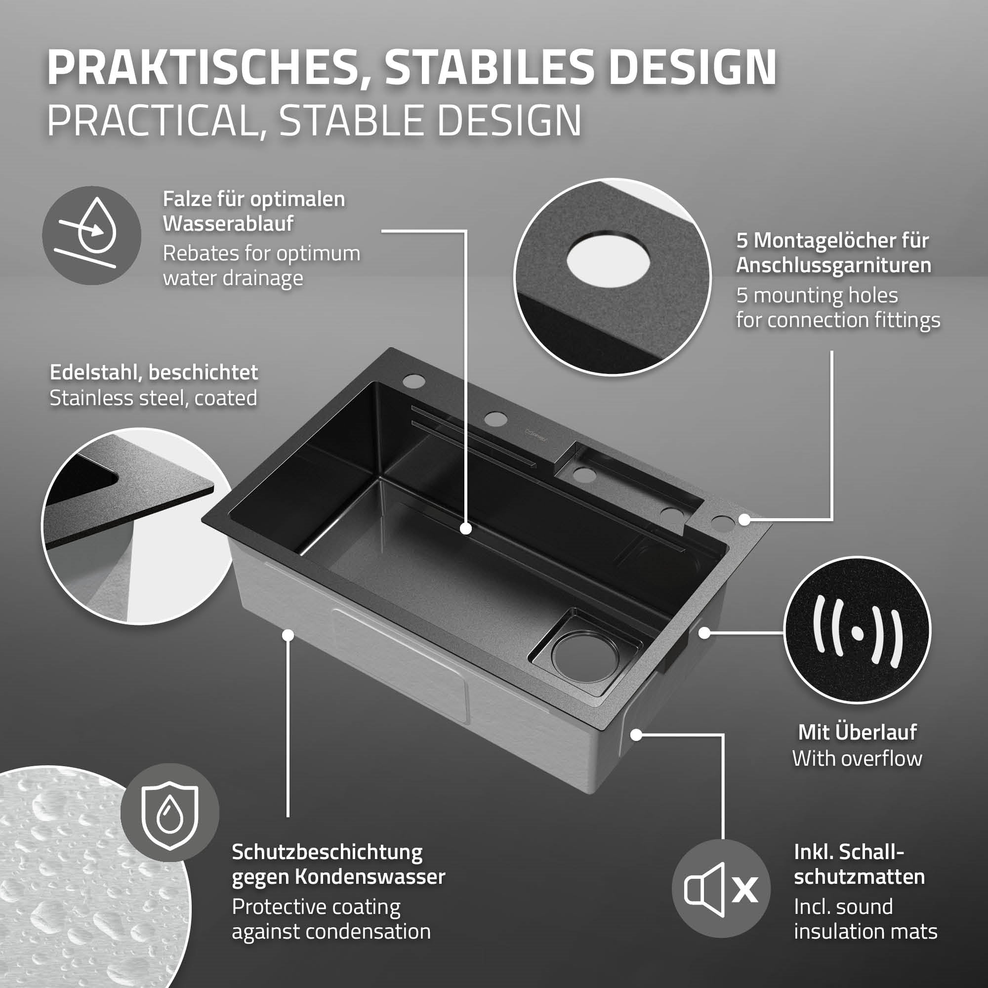 Évier ML-Design inox 68x46 robinet douchette 8 pièces