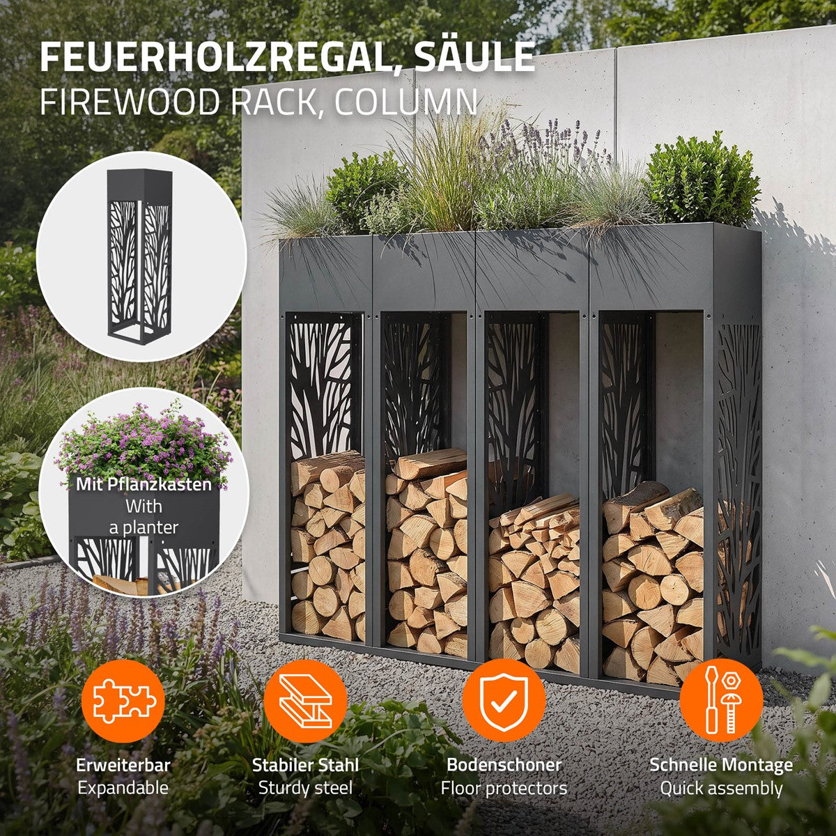ECD Germany Garten range-bûches anthracite 30x111 cm avec jardinière