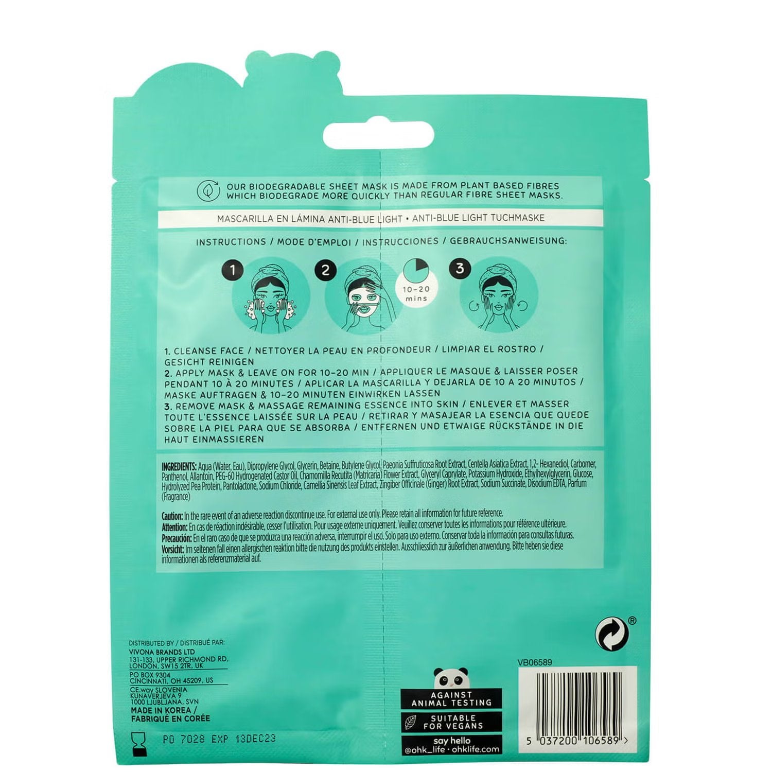 Lot 2 masques visage en tissu anti-lumière bleue soin