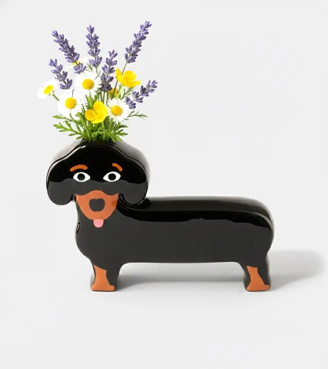 L'avant gardiste Vase teckel chien bouquet salon